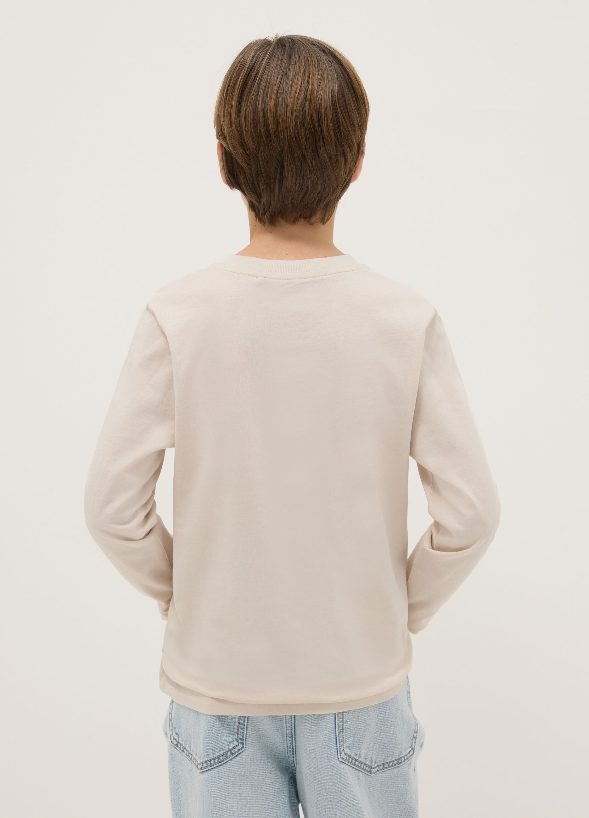 Maglietta beige da ragazzo in puro cotone regular fit con stampa