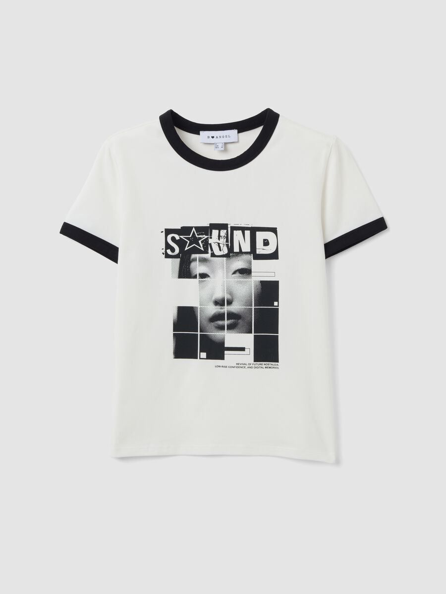 White cotton T-shirt with front graphic print and contrast trims_0