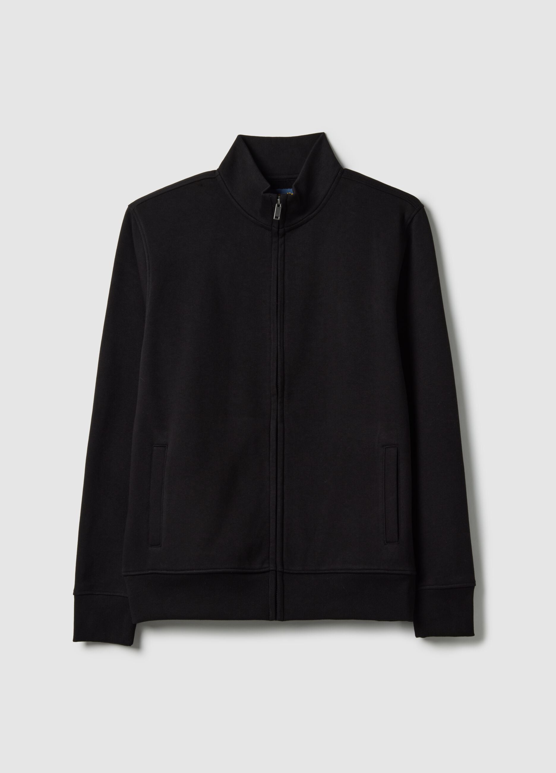 Black cotton-blend regular fit hoodie with full zip