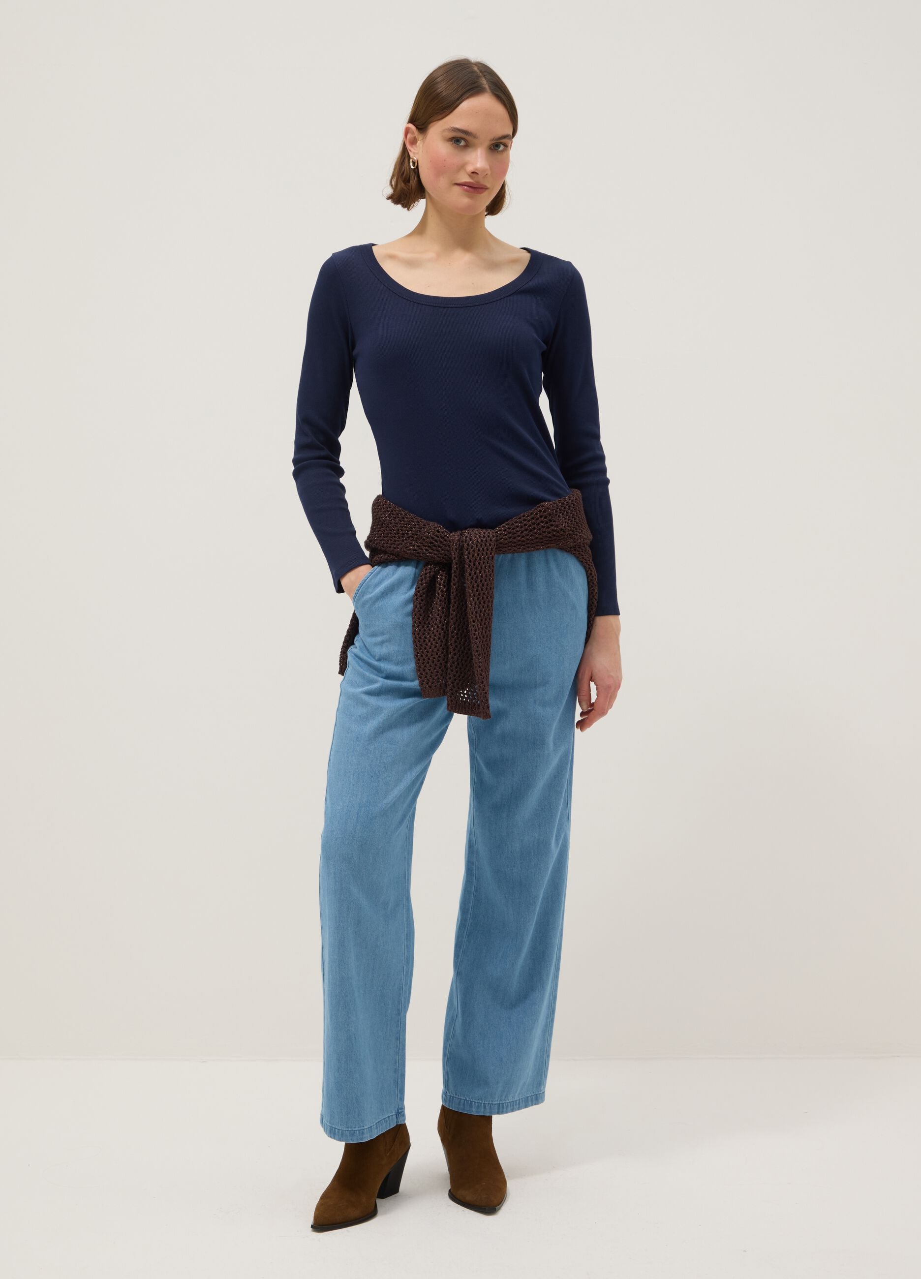 Blue long sleeve pure cotton t-shirt regular fit