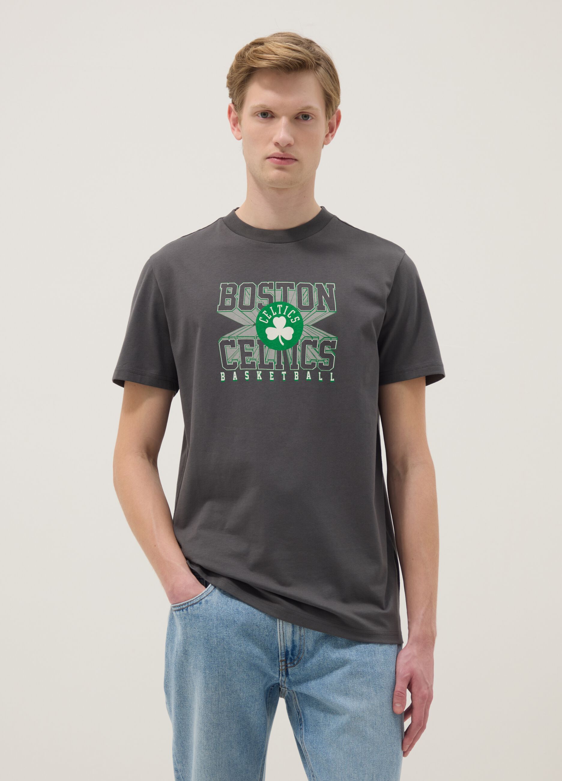 Grey pure cotton T-shirt regular fit with Boston Celtics print