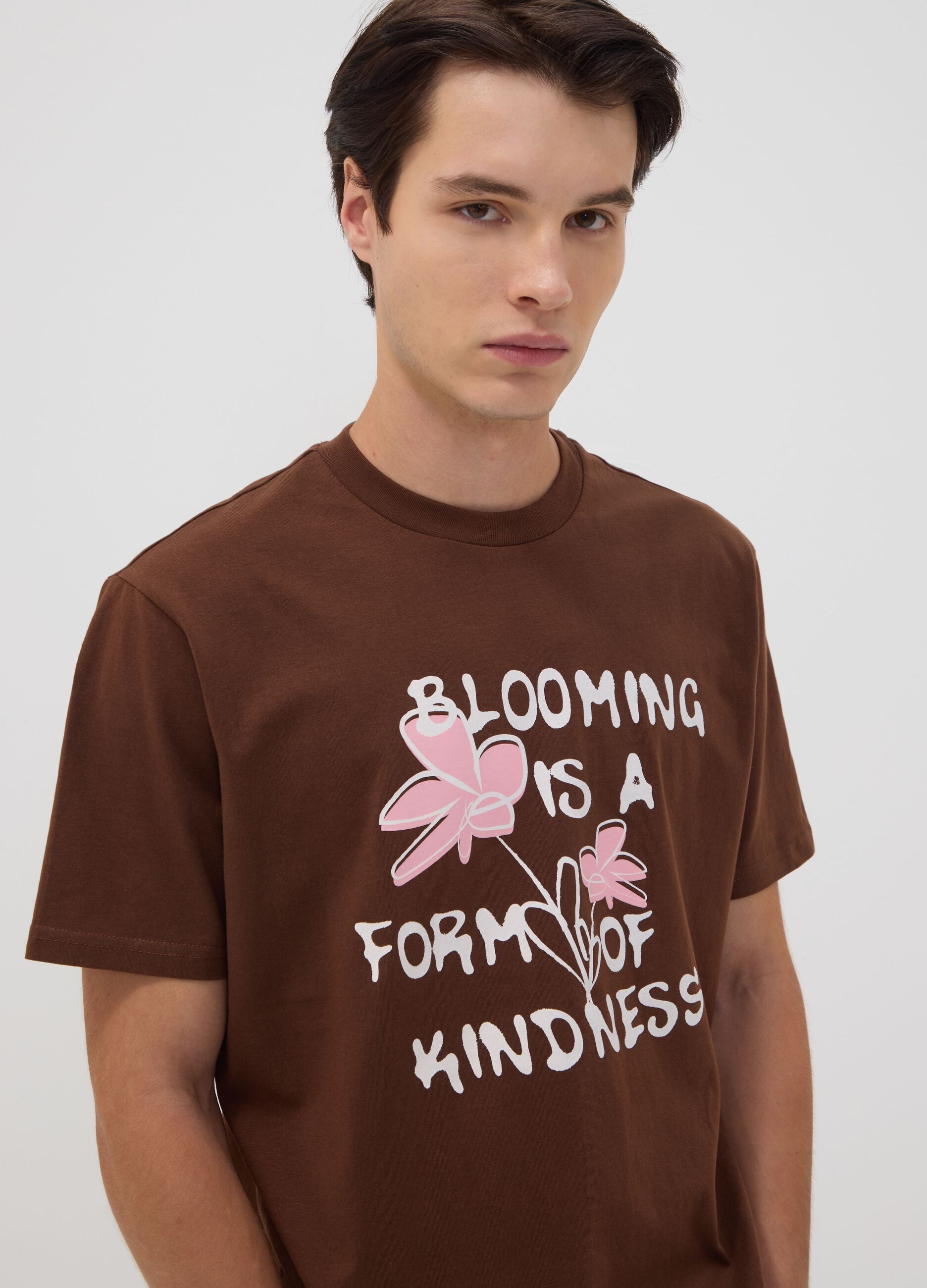 Brown pure cotton jersey slogan T-shirt, regular fit