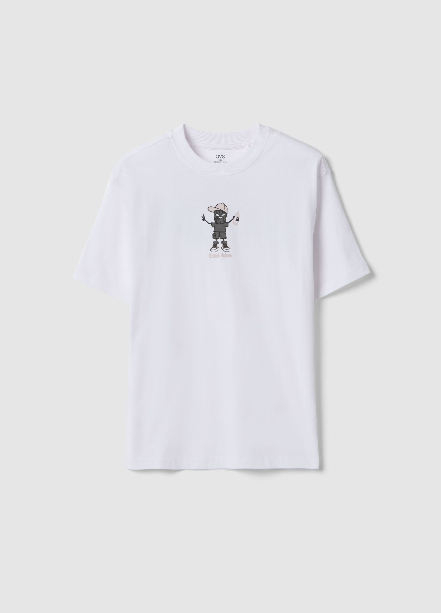 Oversized fit pure white cotton boy's T-shirt with print