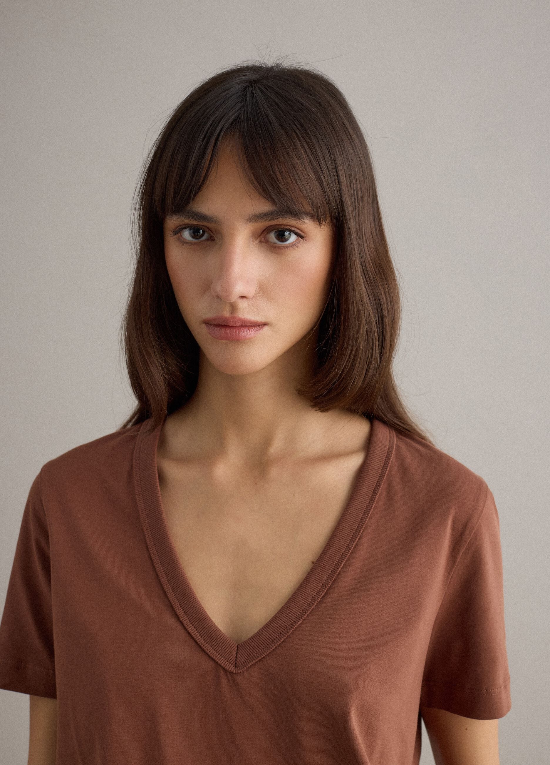Short-sleeve brown pure cotton T-shirt, regular fit, deep V-neck