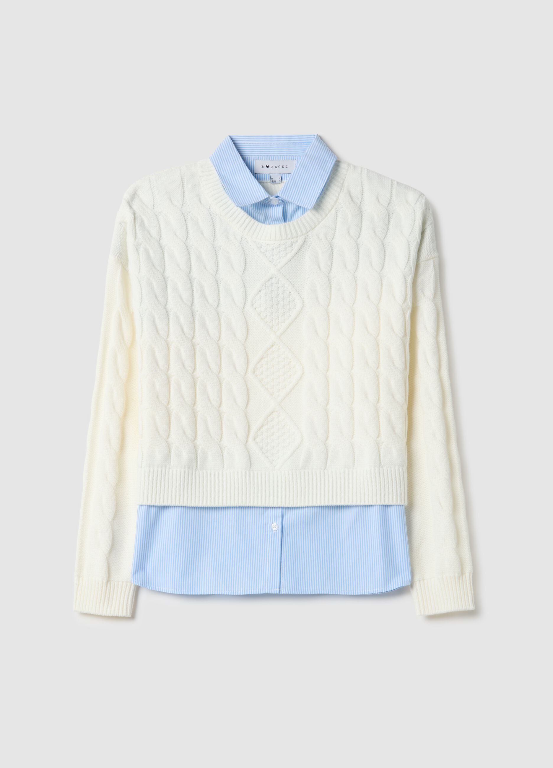 White cotton blend sweater regular fit with cable knit pattern