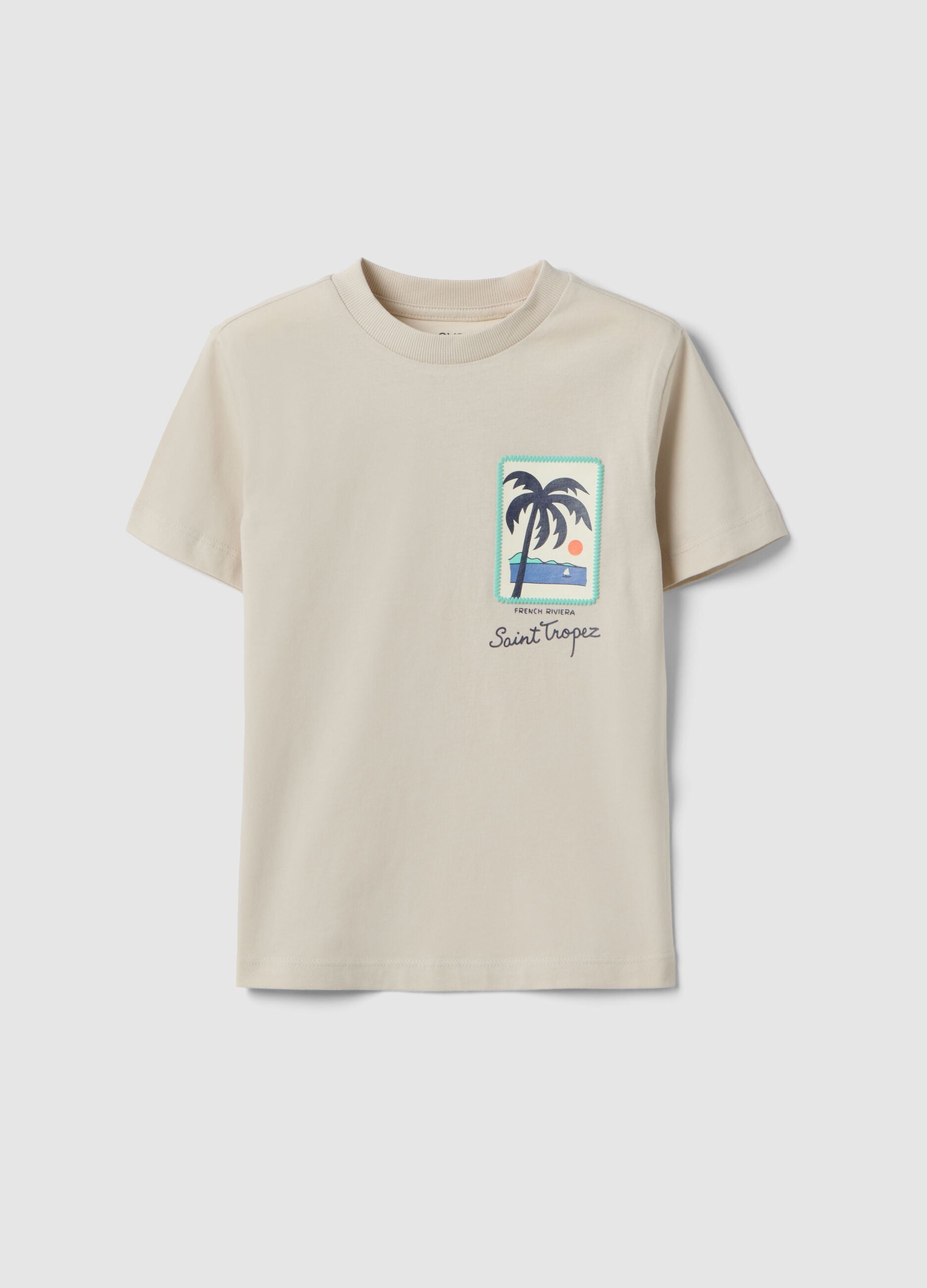 Children's beige pure cotton T-shirt, regular fit with palm print