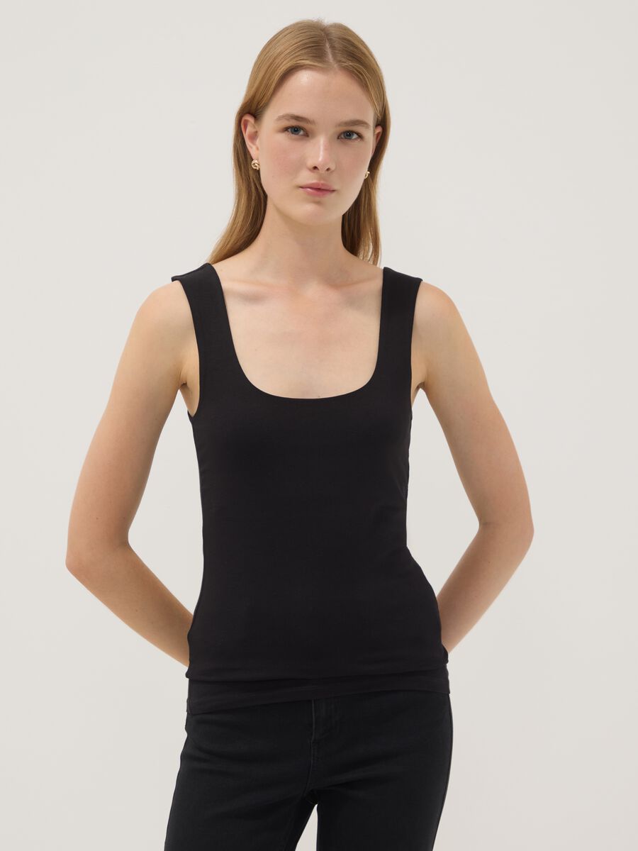Black fitted stretch-cotton tank top_1