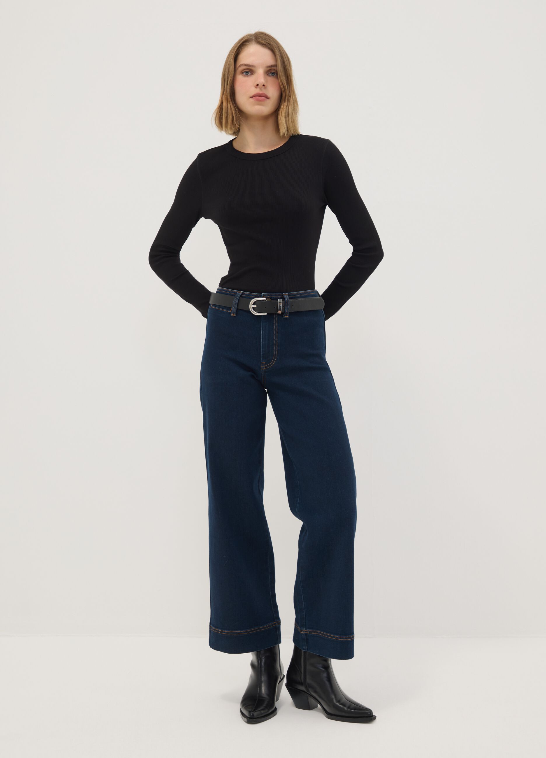 Blue wide-leg jeans in stretch cotton