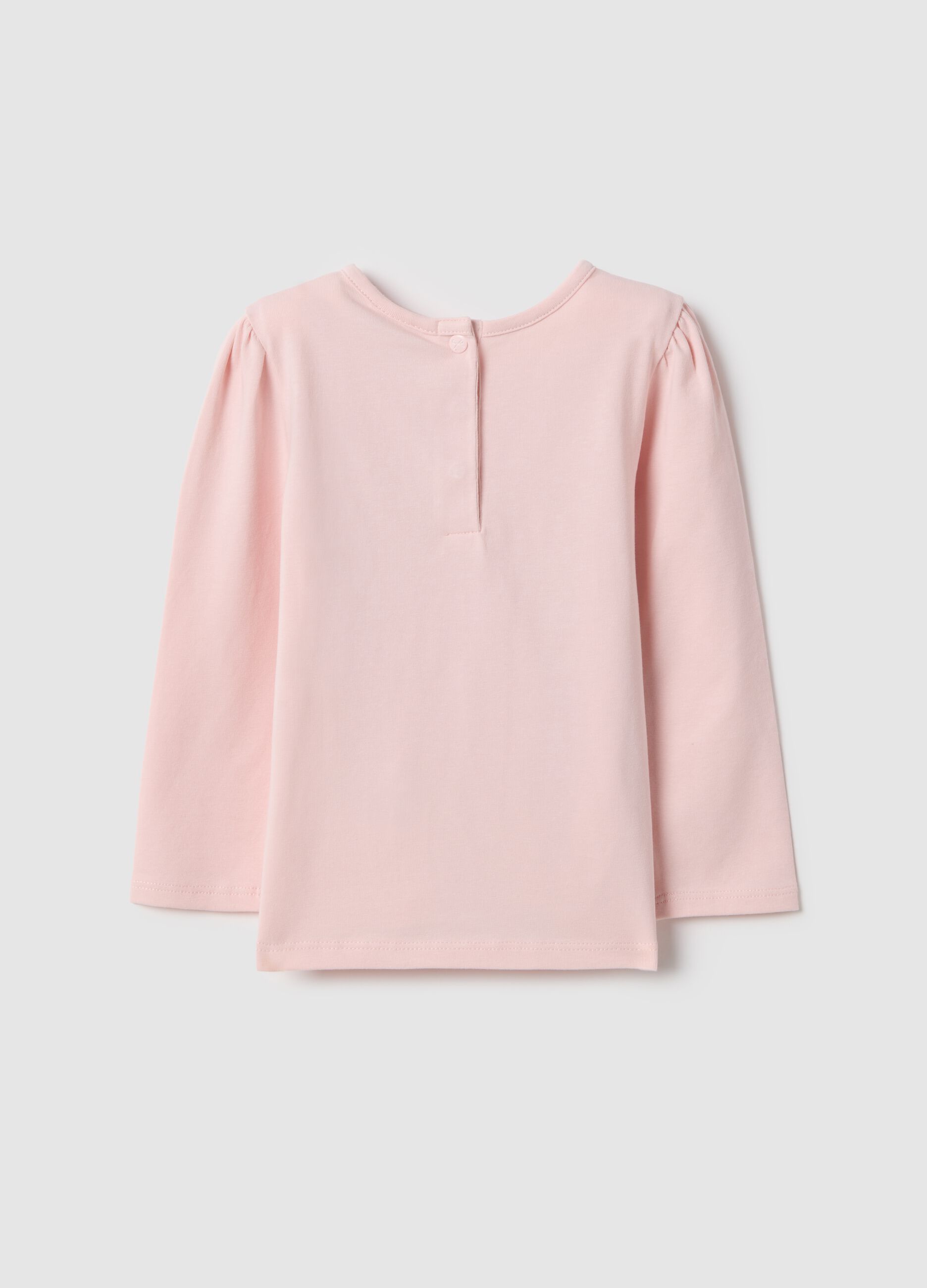 Pink Long Sleeve Cotton Stretch T-shirt with Bow Accent