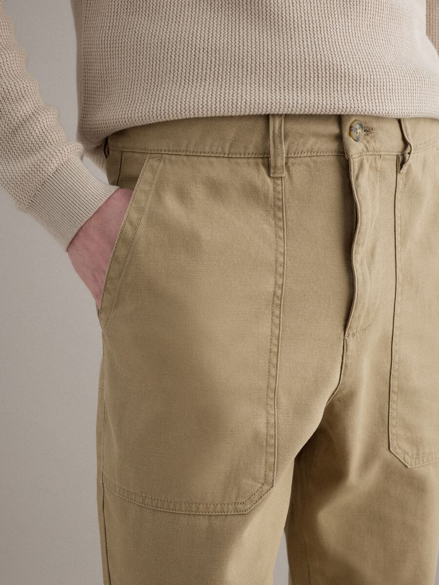 Beige Regular Fit Cotton and Linen Trousers_3