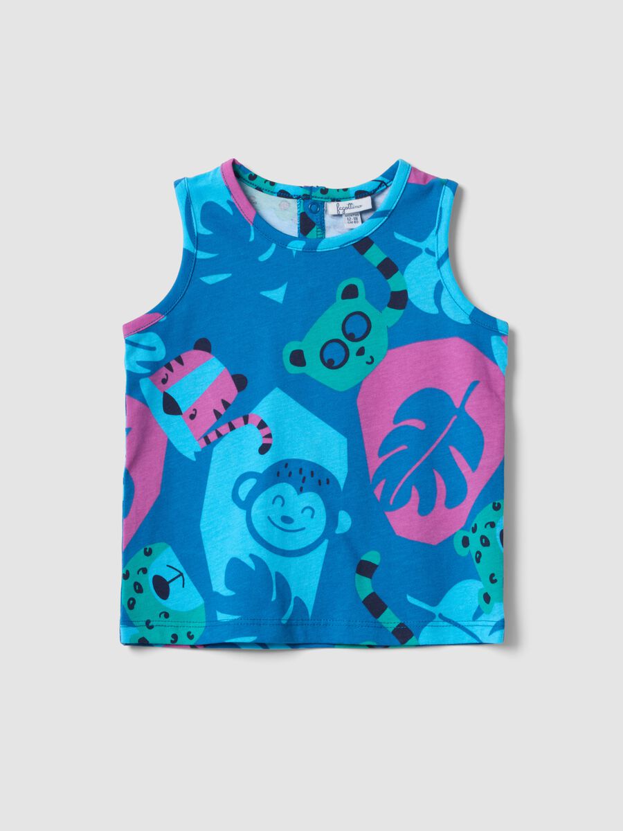 Blue organic cotton tank top with tropical print_0