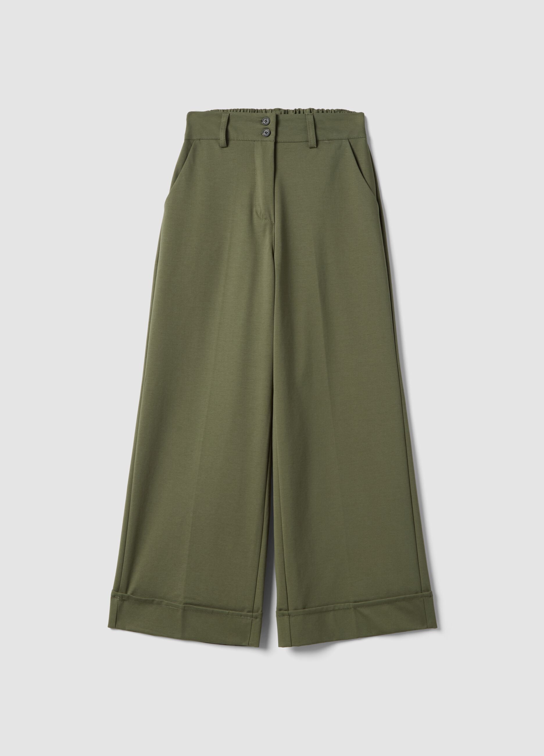 Green stretchy cotton blend wide leg trousers regular fit