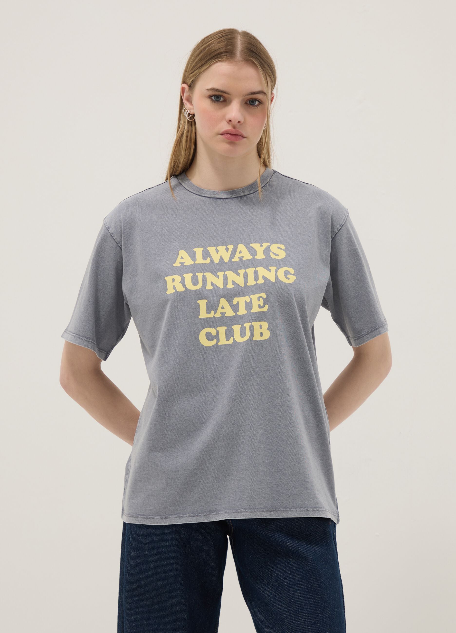 Grey pure cotton relaxed fit T-shirt with print