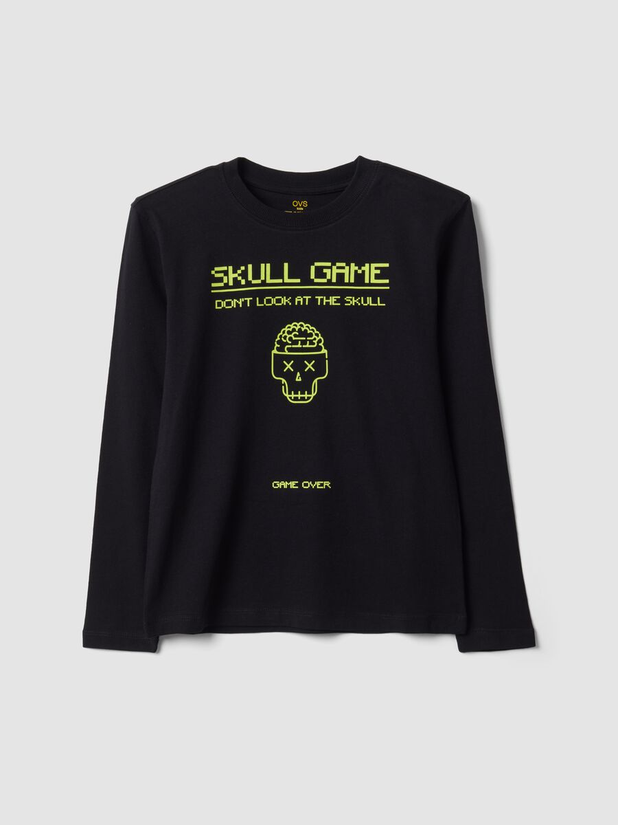 T-shirt nera in puro cotone organico con girocollo e stampa teschio per ragazzo_3