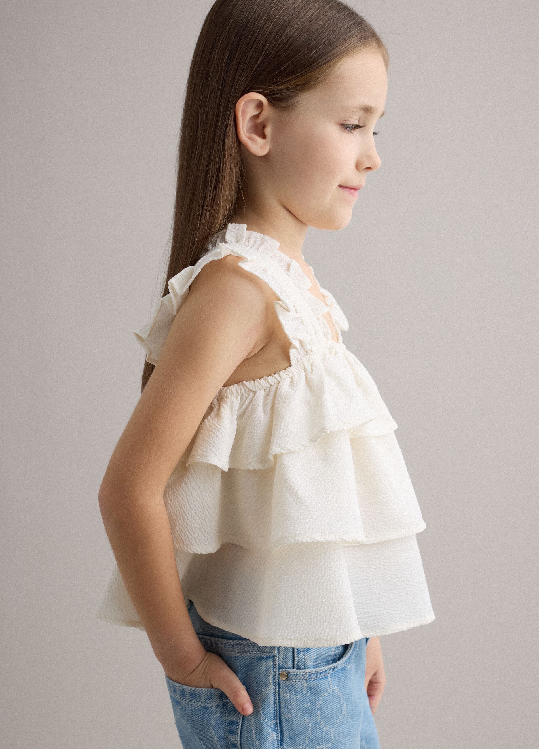 Girls' white regular fit top with ruffles