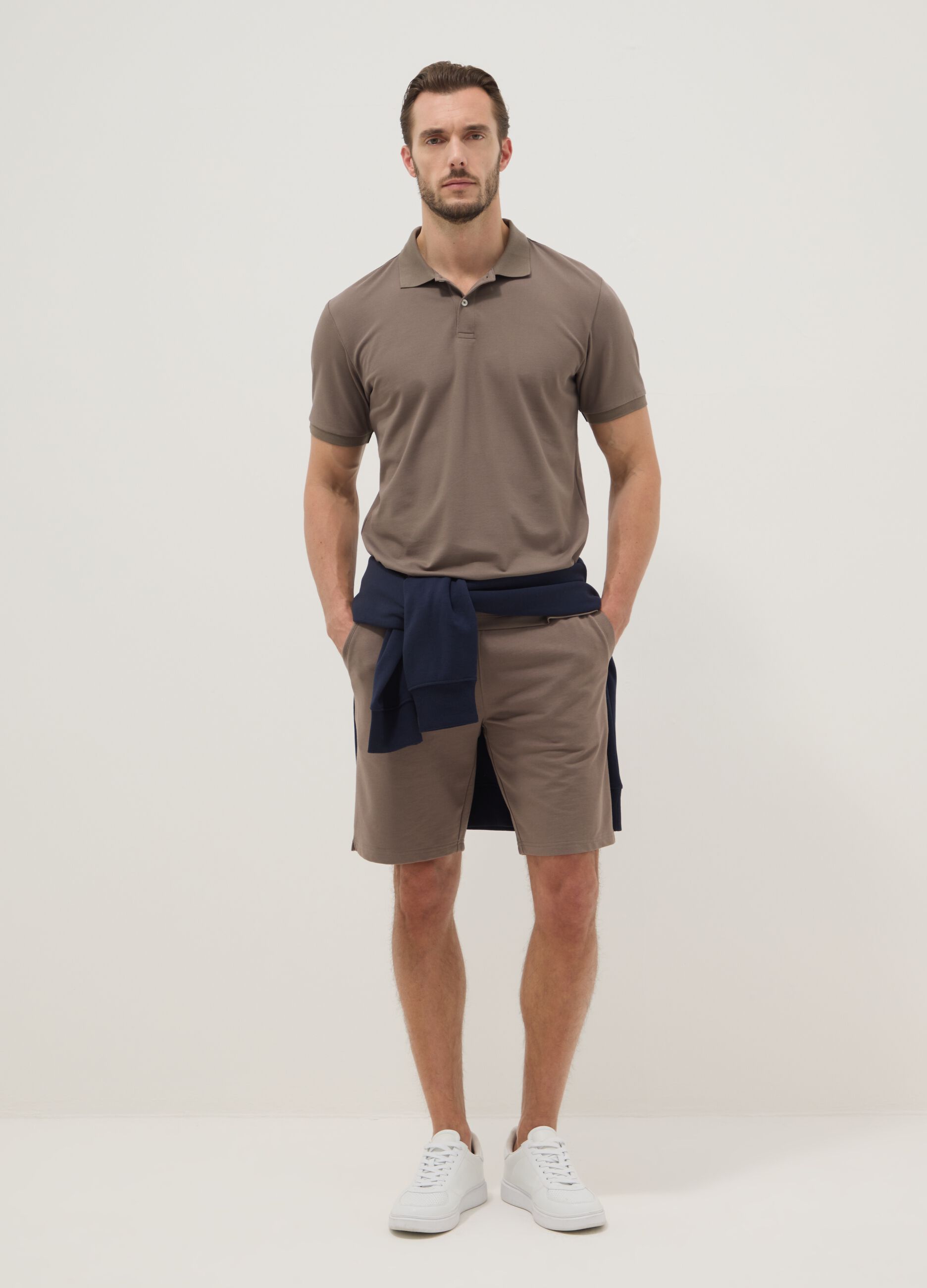 Brown stretch cotton blend polo shirt regular fit