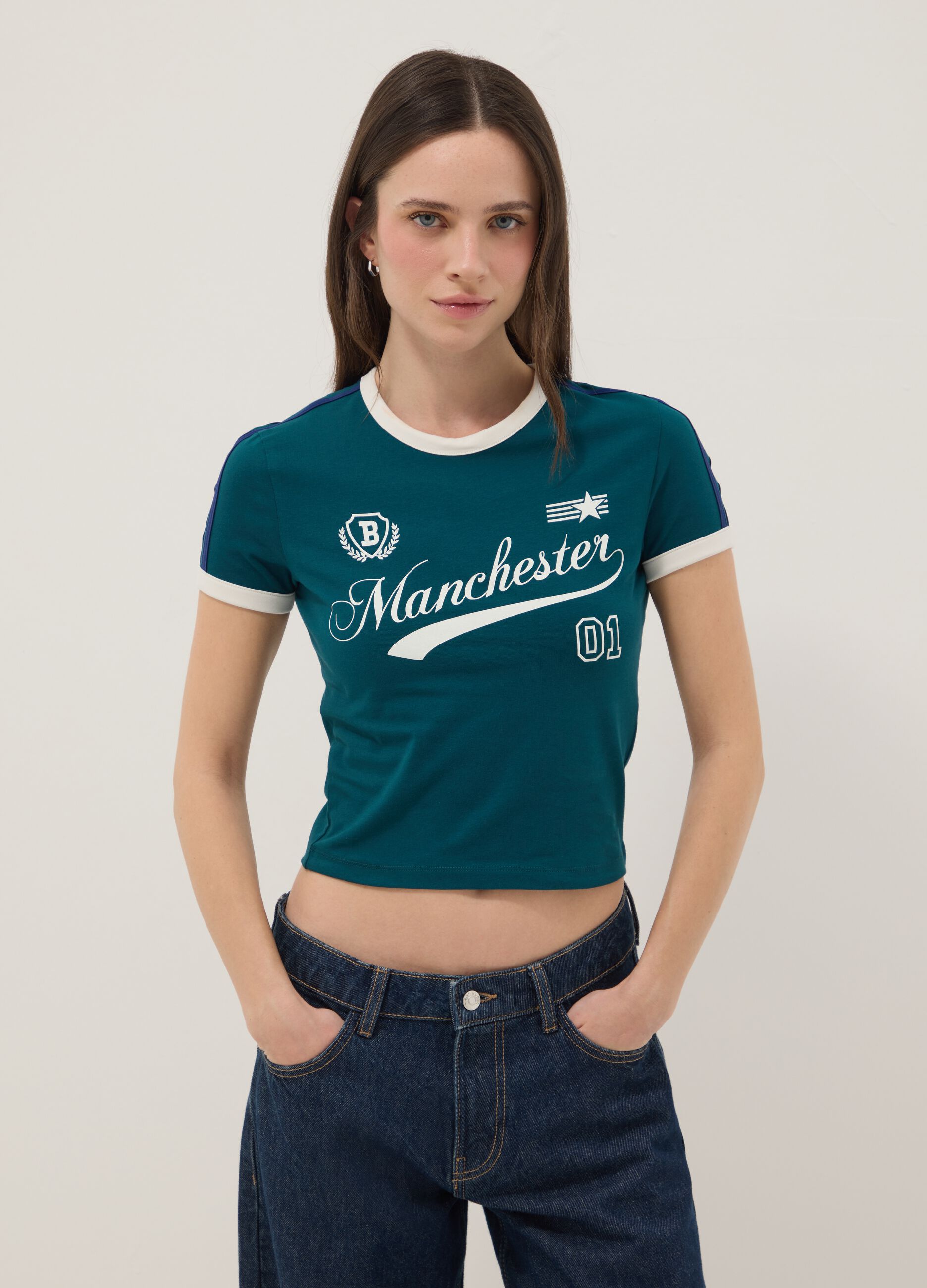 Green slim fit stretch cotton T-shirt with print
