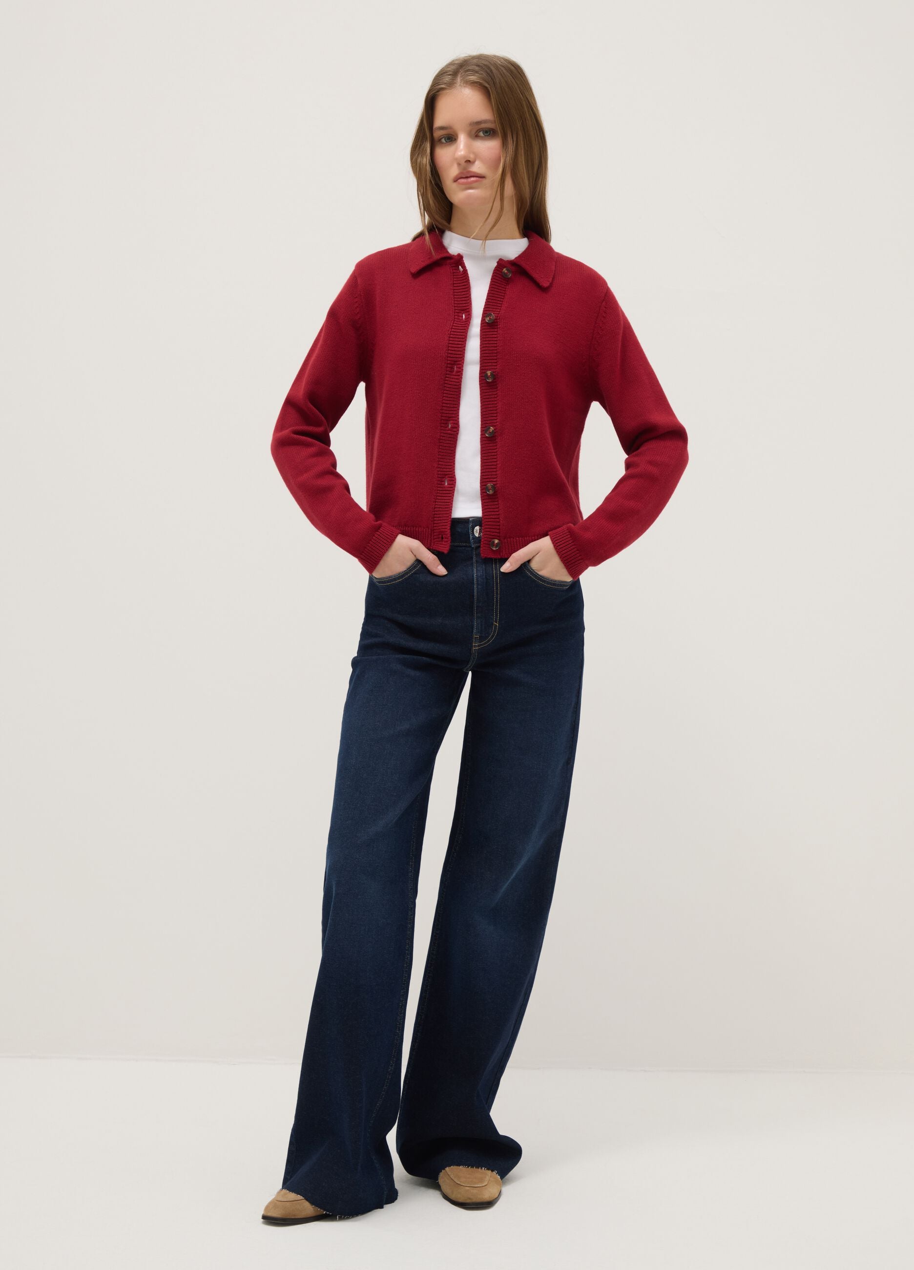 Red polo neck cardigan in pure cotton regular fit