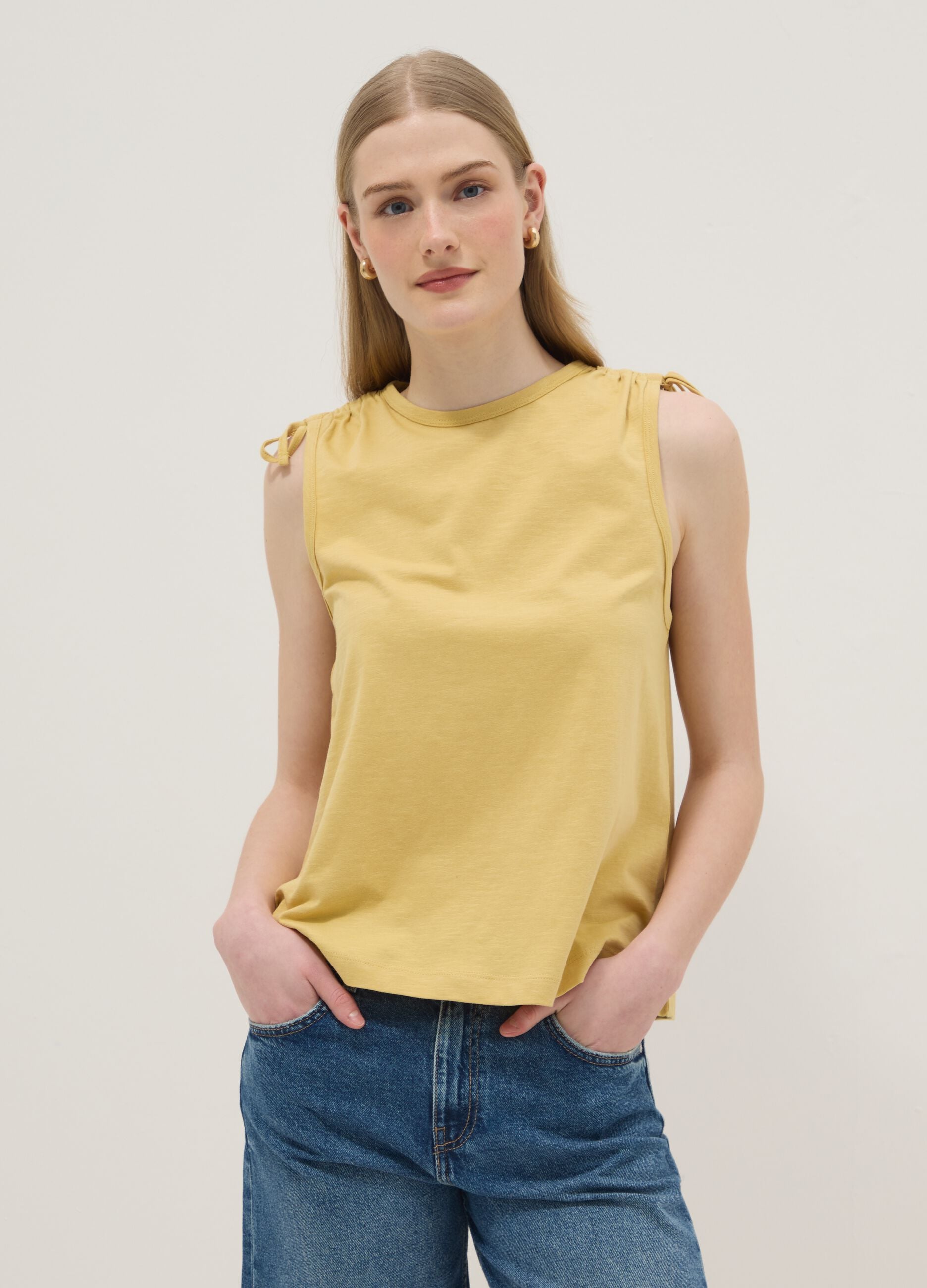 Yellow pure cotton tank top with shoulder ties