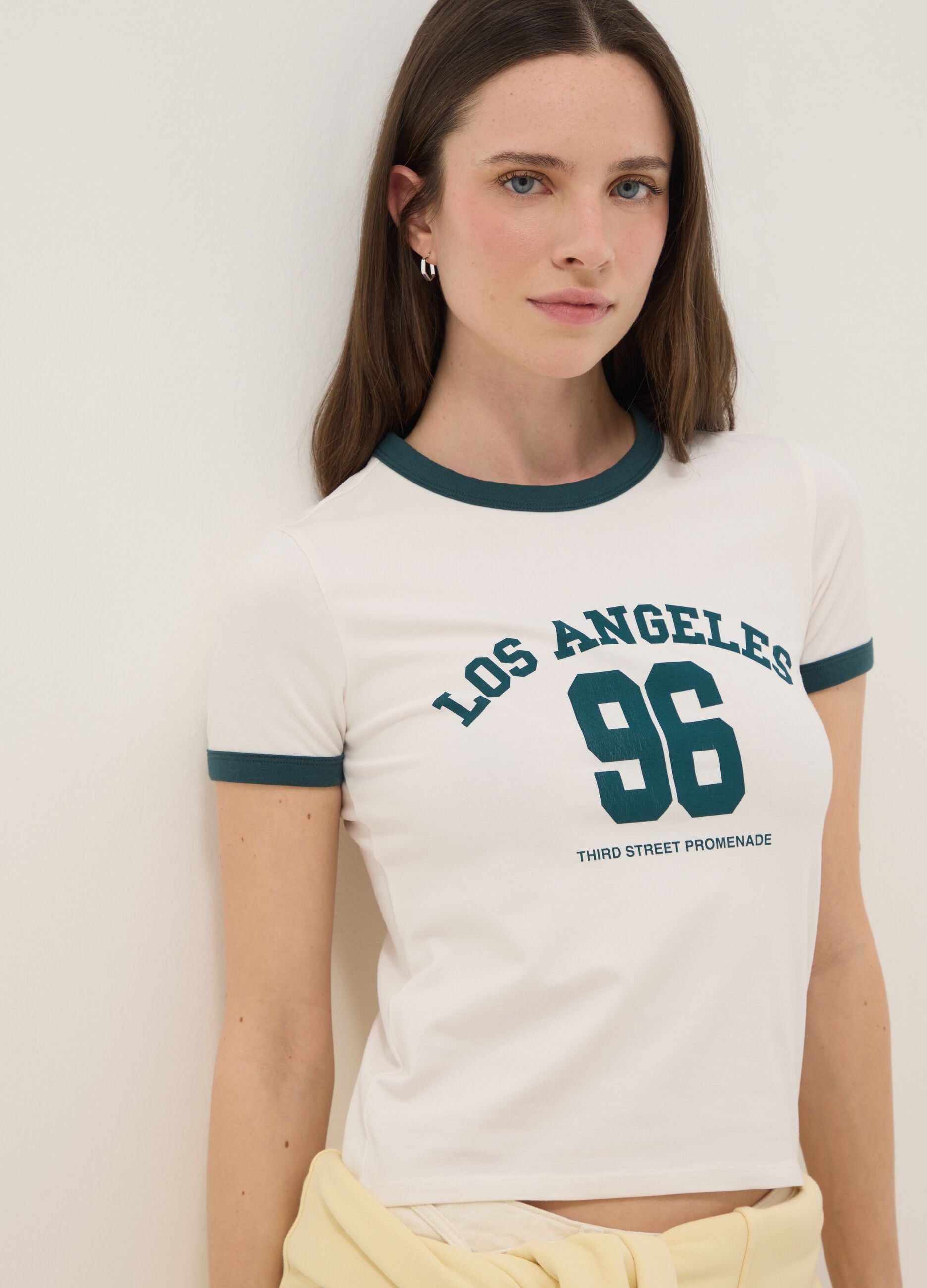 White regular fit stretch cotton T-shirt with green print