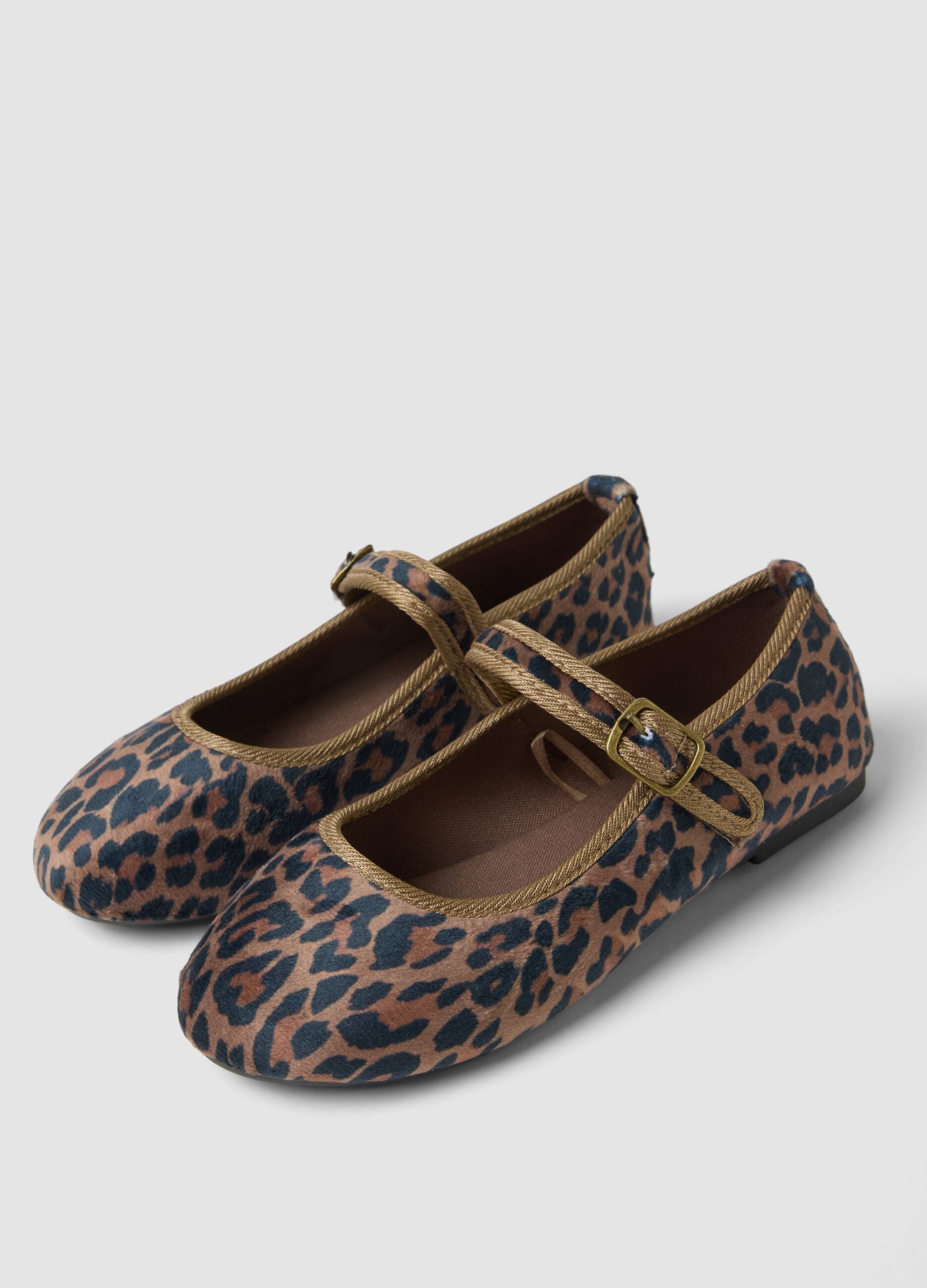 Brown animal print ballet flats with strap for girls
