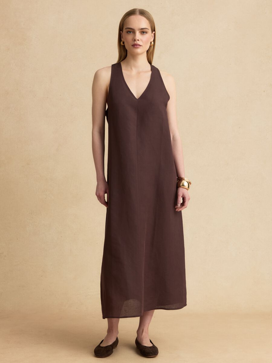 Brown linen-viscose blend V-neck dress, regular fit_1