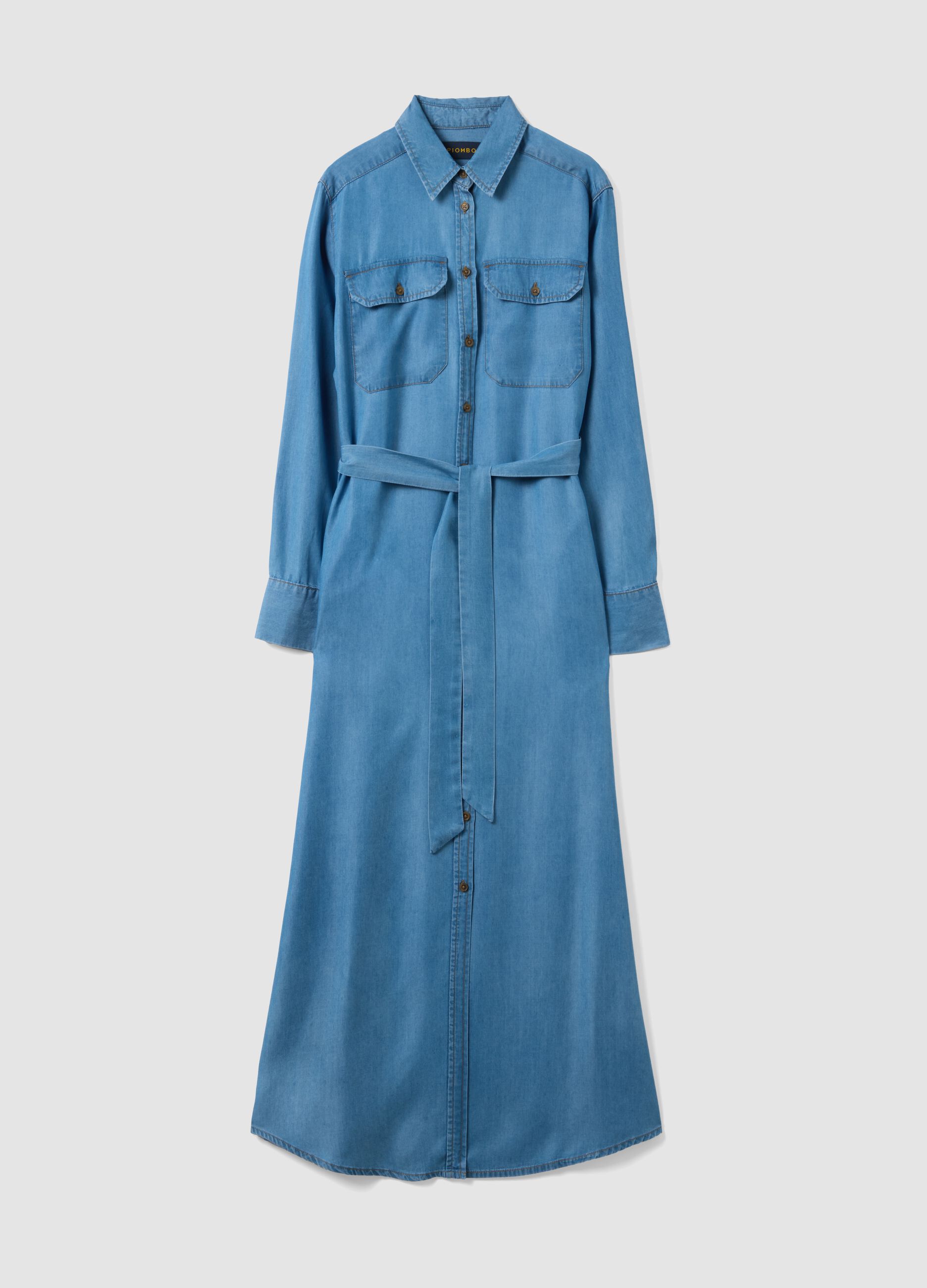 Long dress in pure blue lyocell denim regular fit with belt
