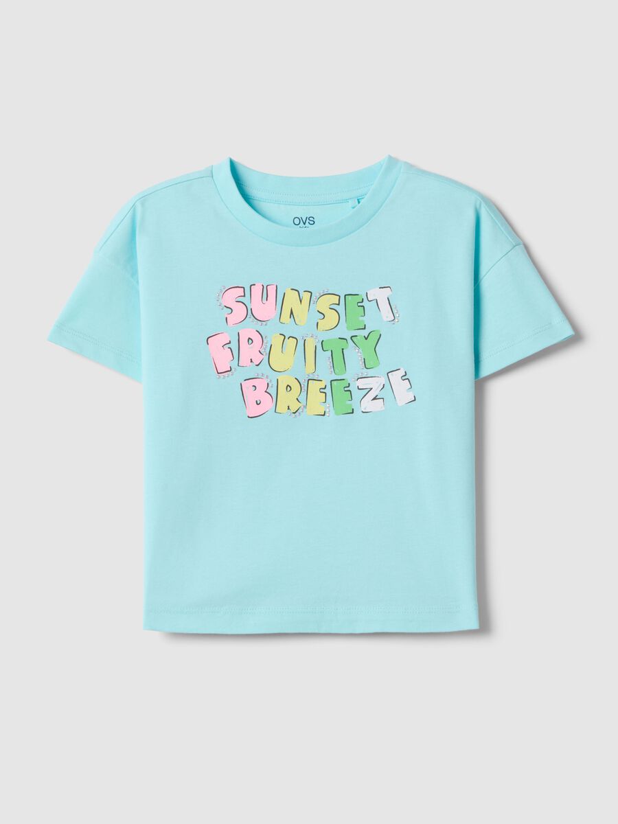 Girls' blue cotton t-shirt, regular fit with text_0