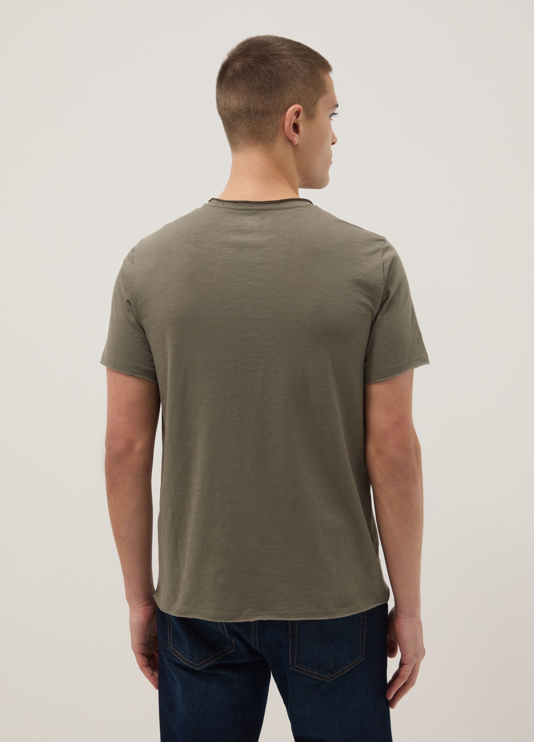 Green pure cotton t-shirt with seraph neckline, regular fit