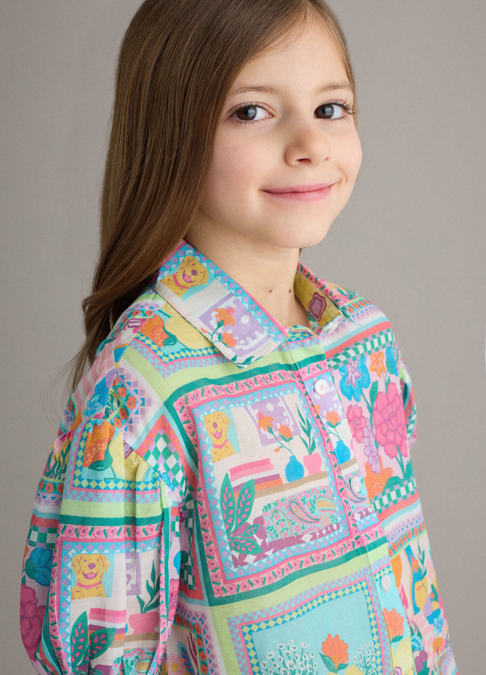 Girl's multicolour pure cotton shirt with floral pattern