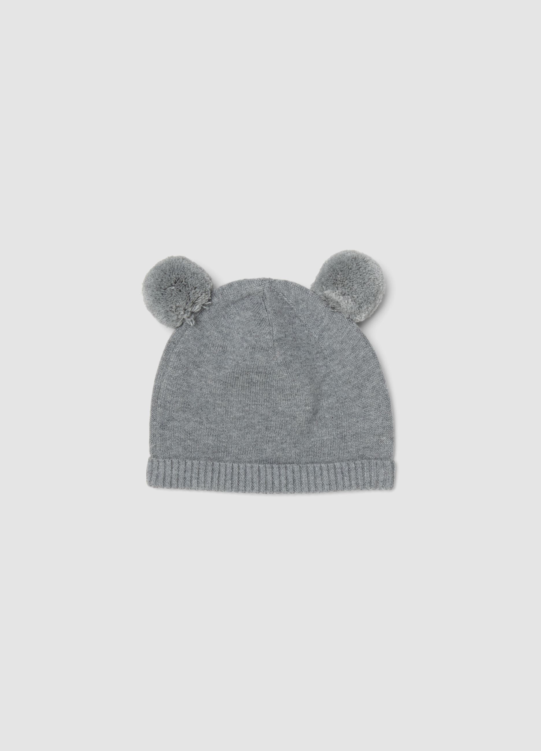 Grey baby hat in pure organic cotton with pom-poms