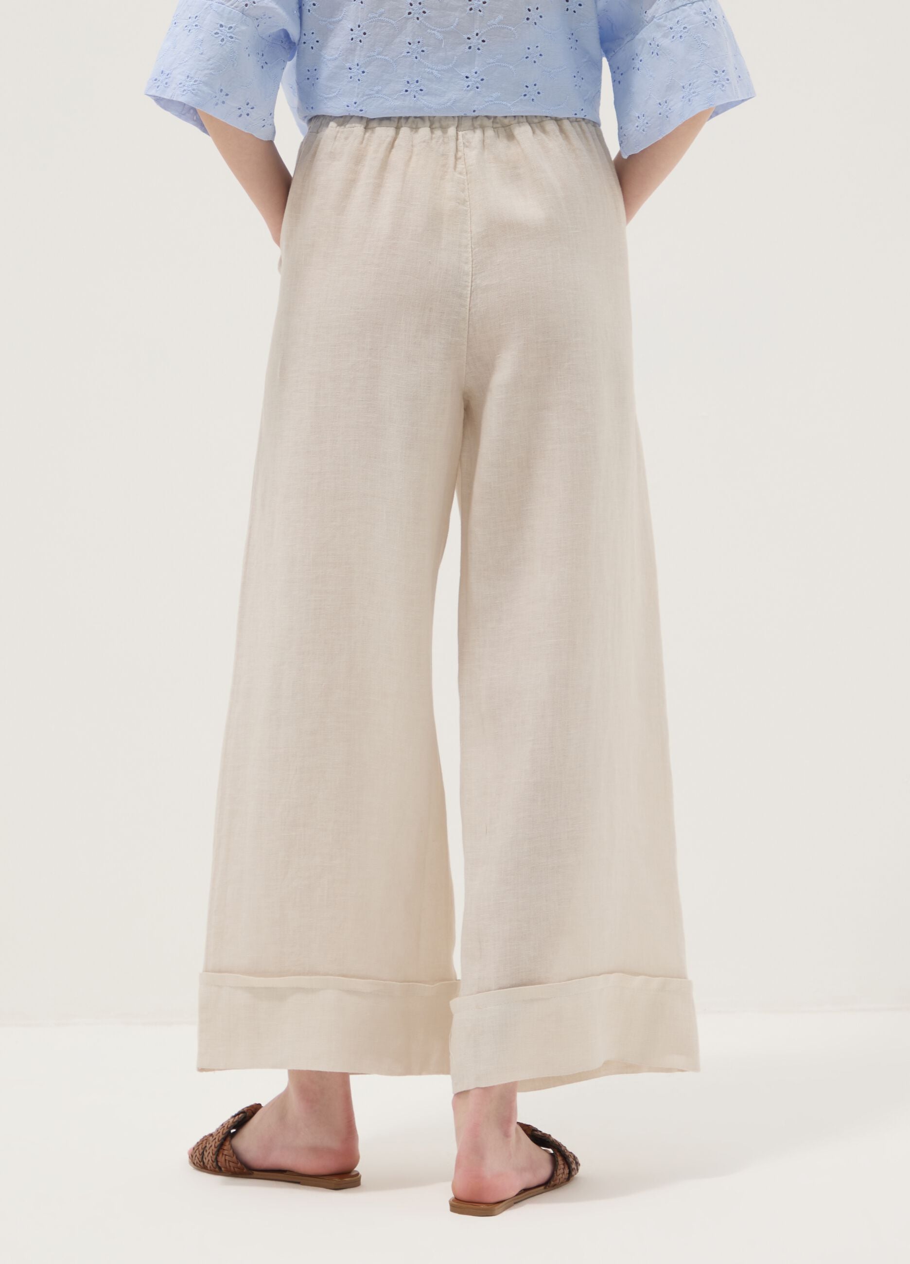 Beige pure linen regular-fit trousers
