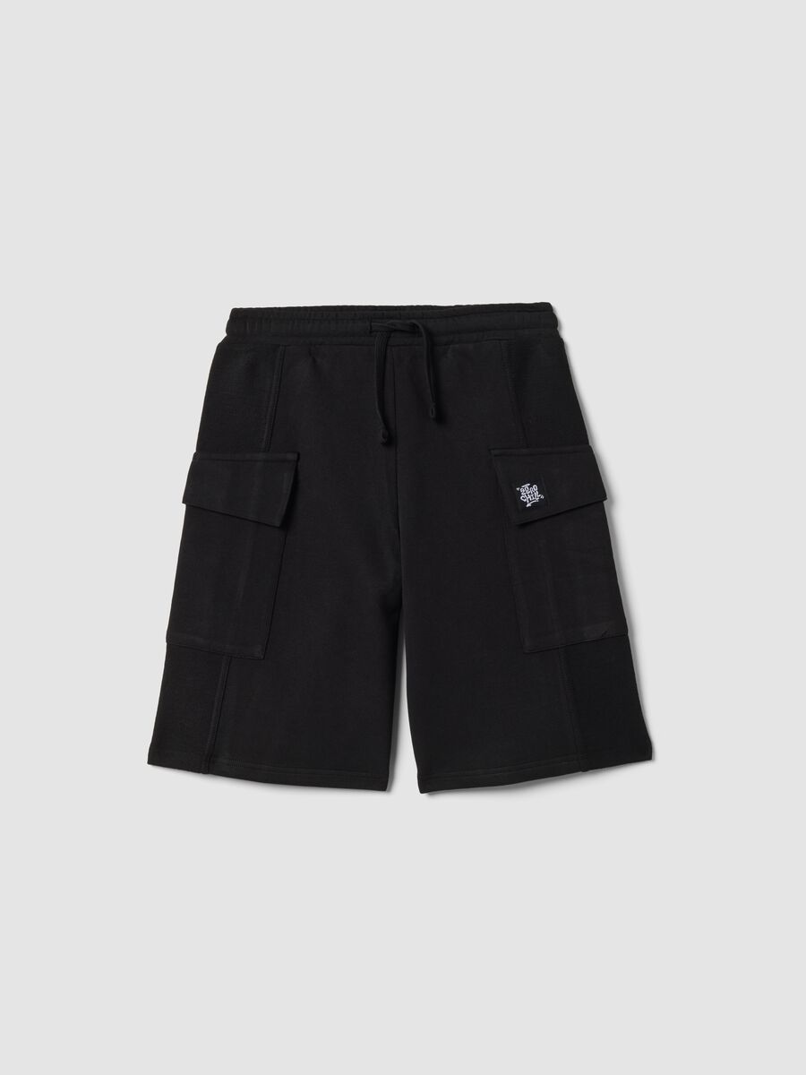 Black pure cotton cargo Bermuda shorts for boys, oversized fit_3