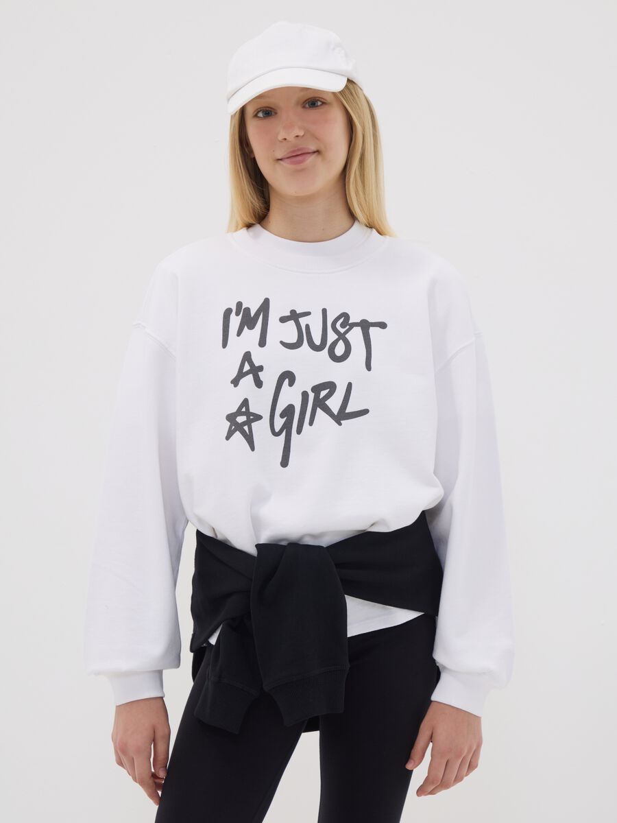 White pure cotton sweatshirt with front slogan, relaxed fit for girls_0