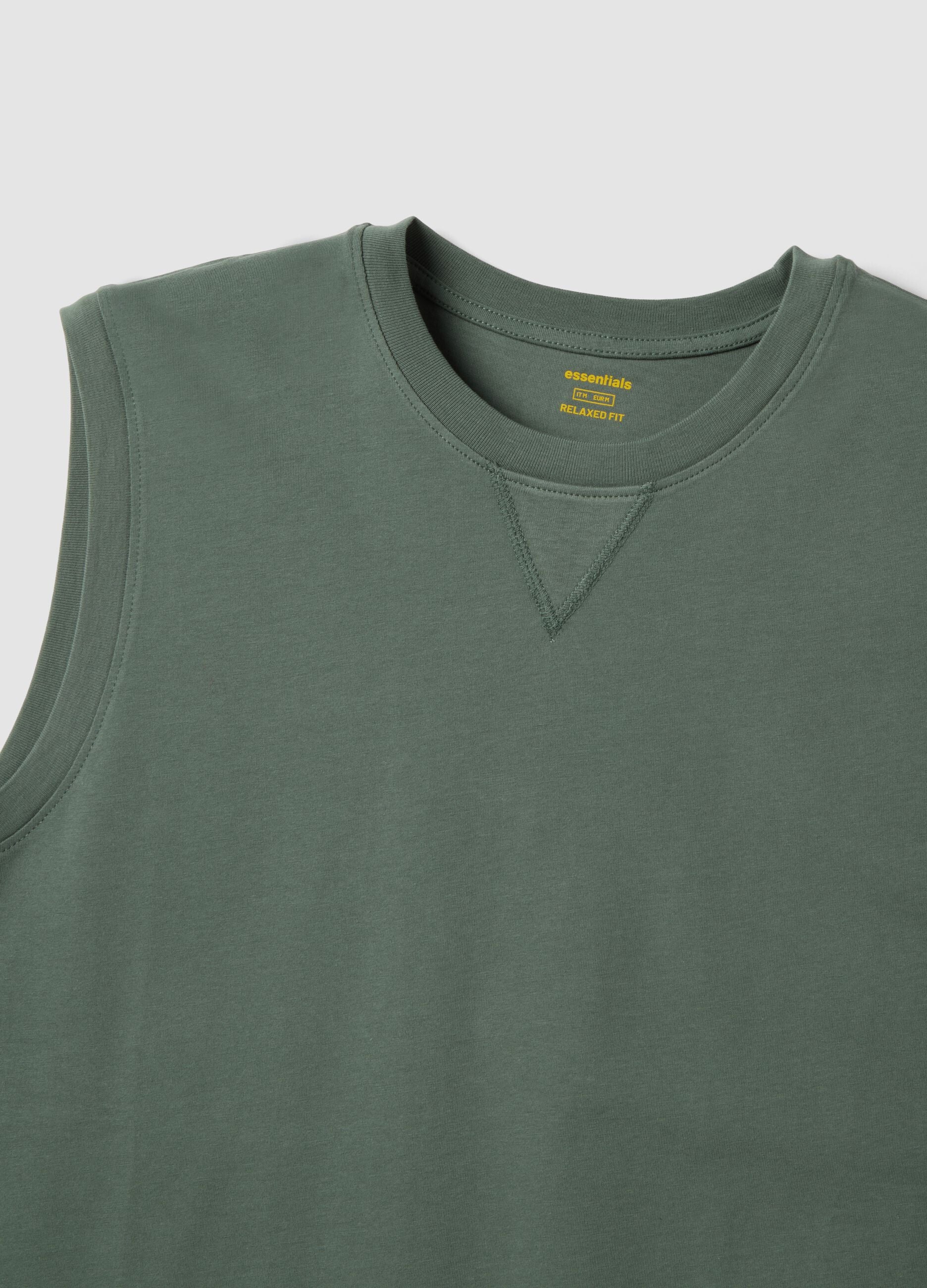 Green crew-neck pure cotton vest, relaxed fit