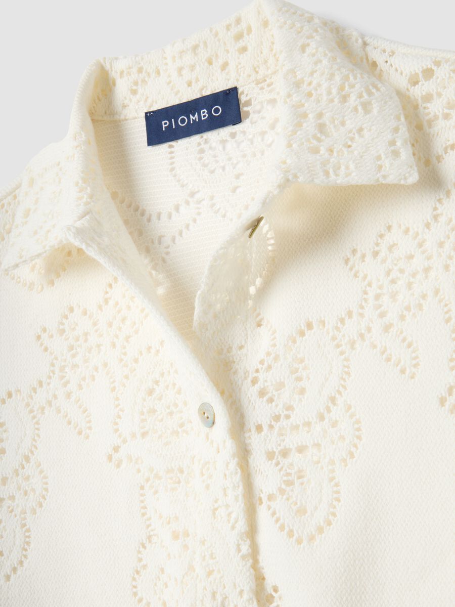 Polo bianca in crochet traforato di misto cotone regular fit_5