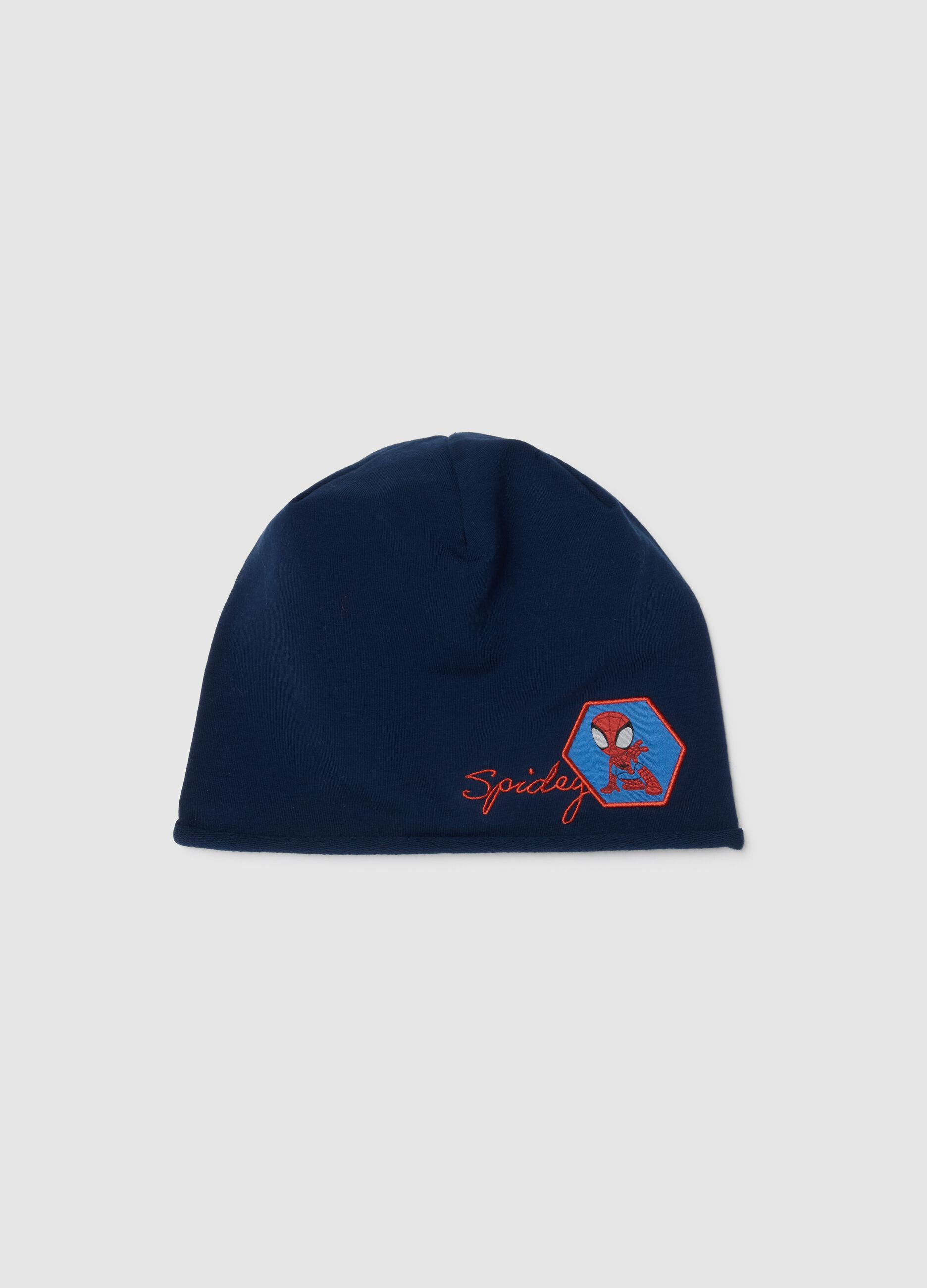 Blue stretch cotton toddler hat with Spiderman design