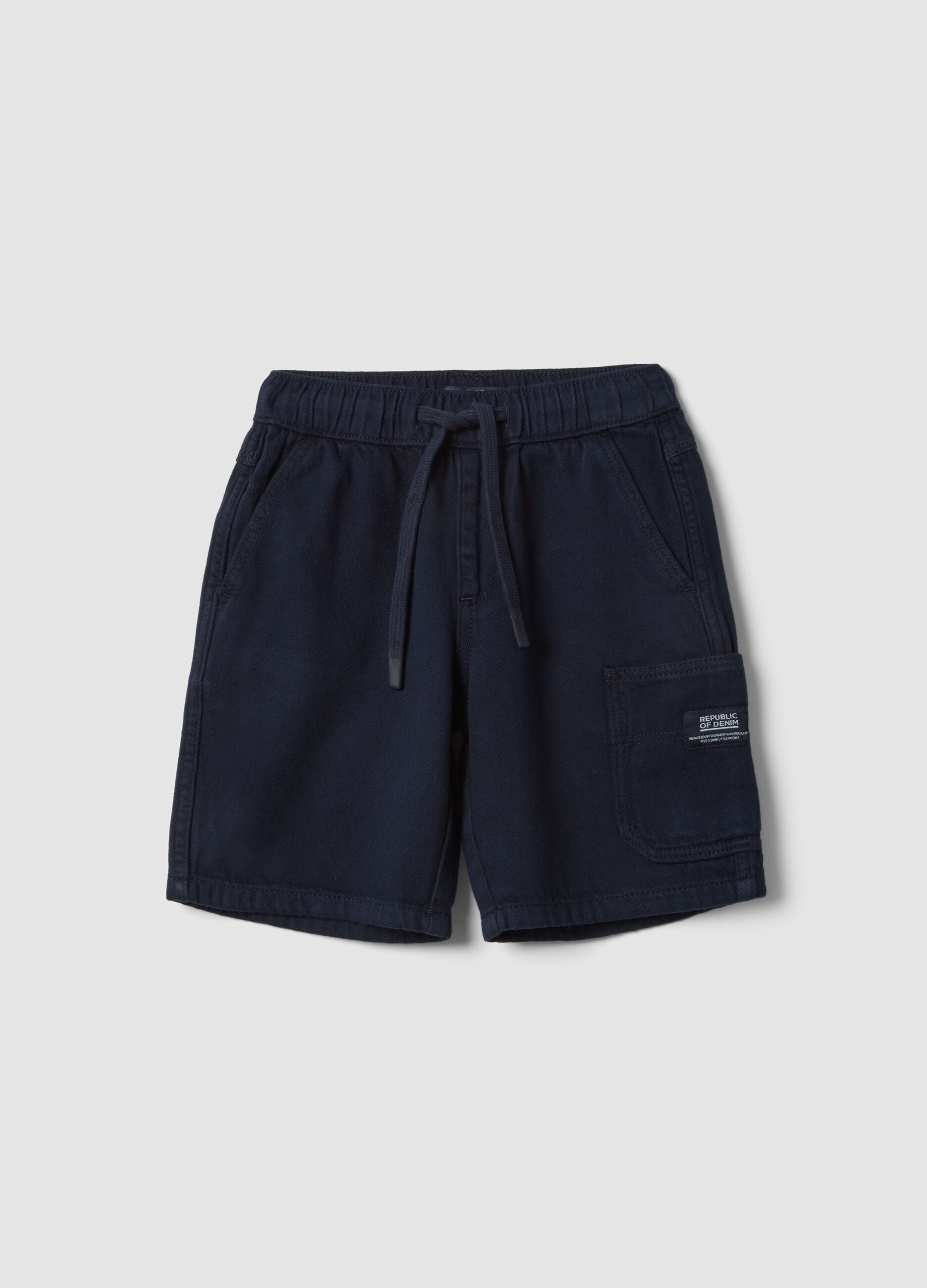 Boys' blue pure cotton cargo shorts with drawstring, regular fit