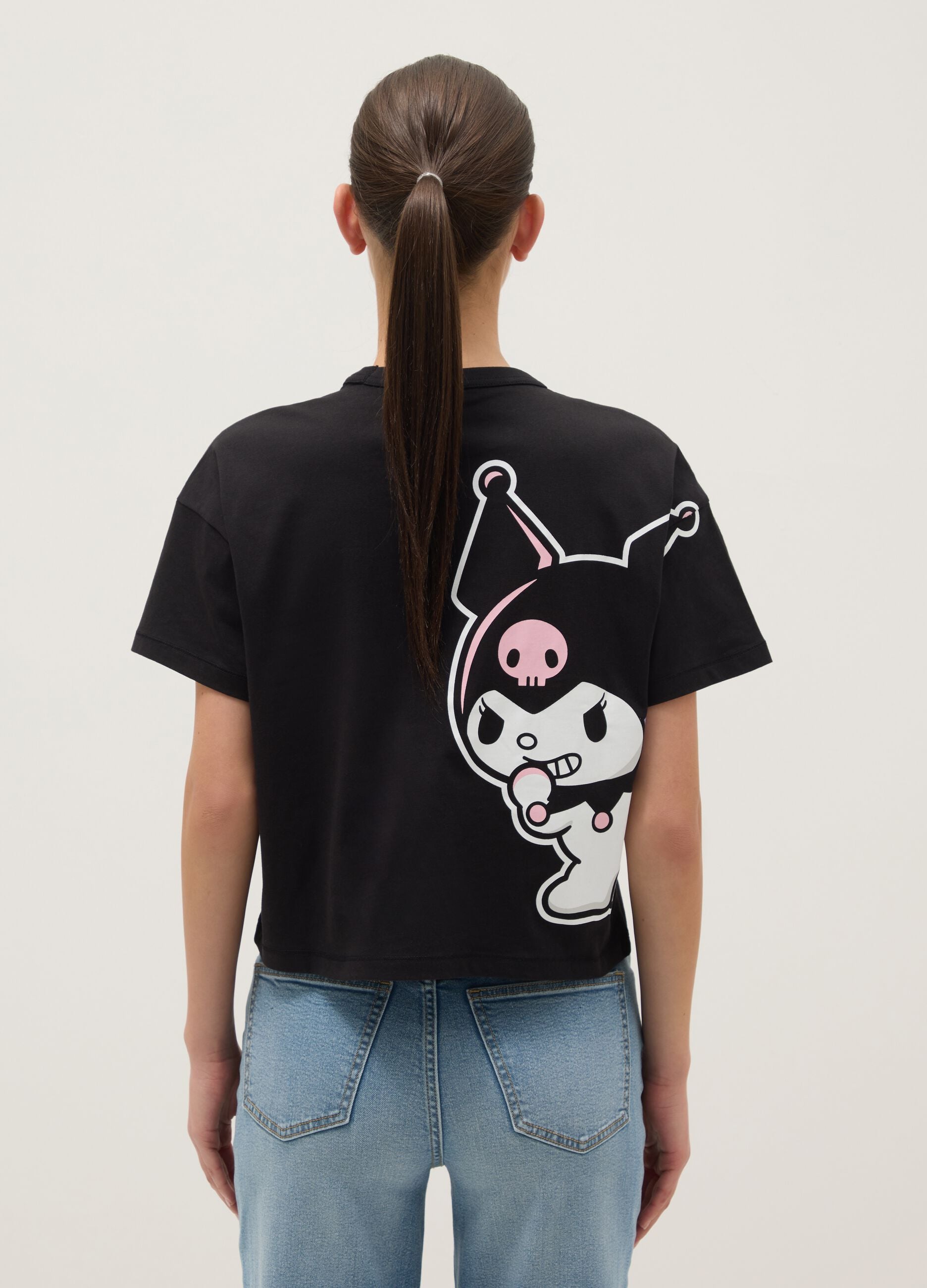 Regular fit black pure cotton T-shirt with Kuromi print and rhinestones