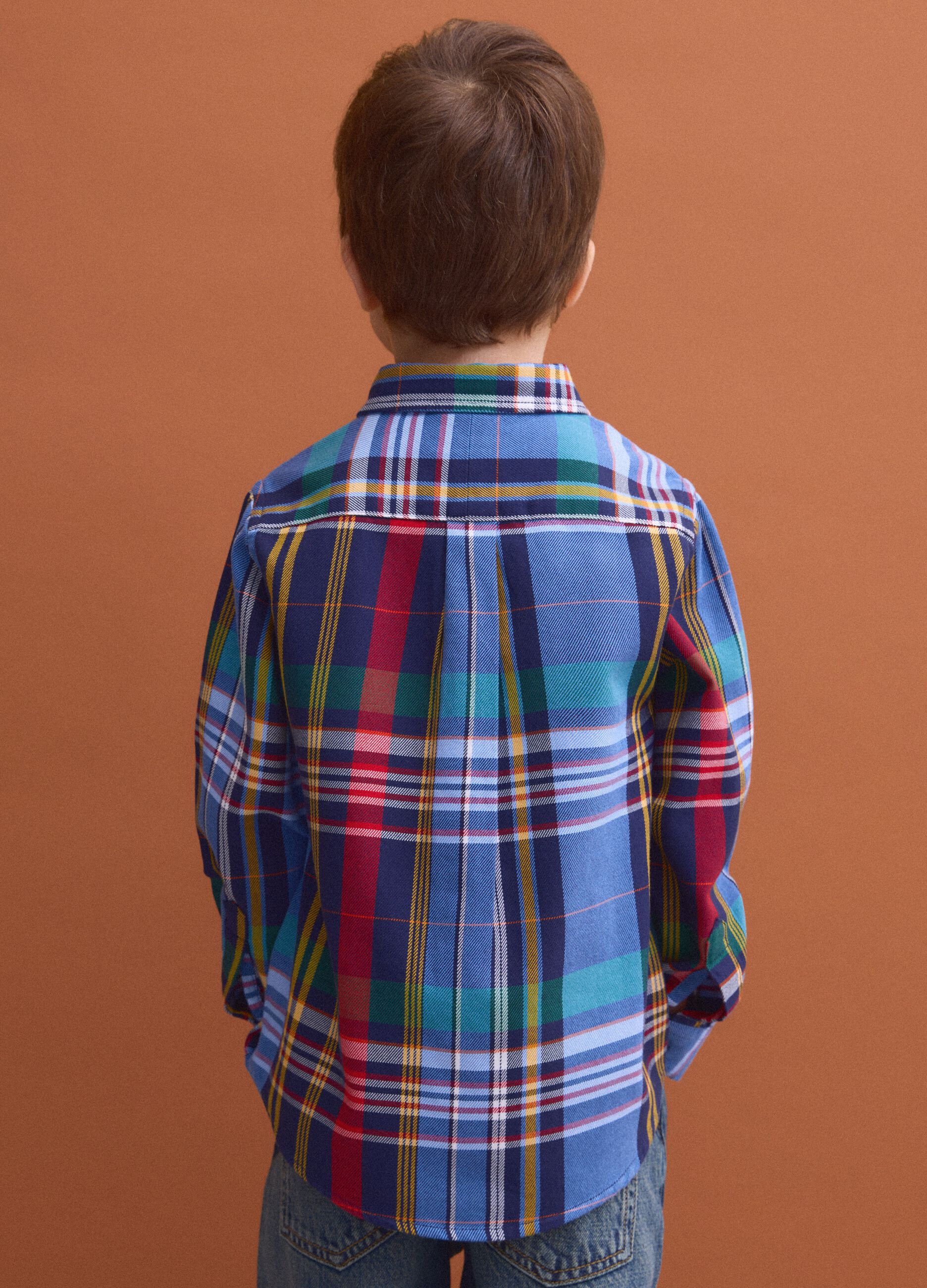 Multicolour pure cotton checked shirt with classic button-down collar