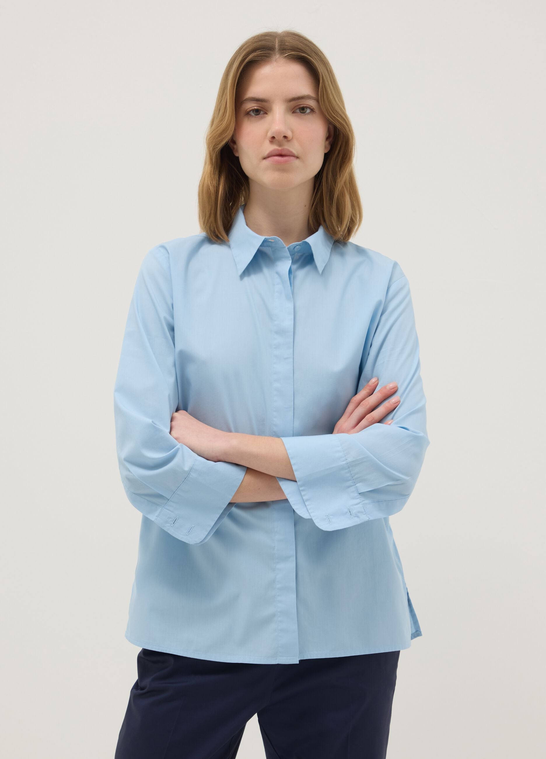 Light blue pure cotton shirt regular fit with three-quarter sleeves