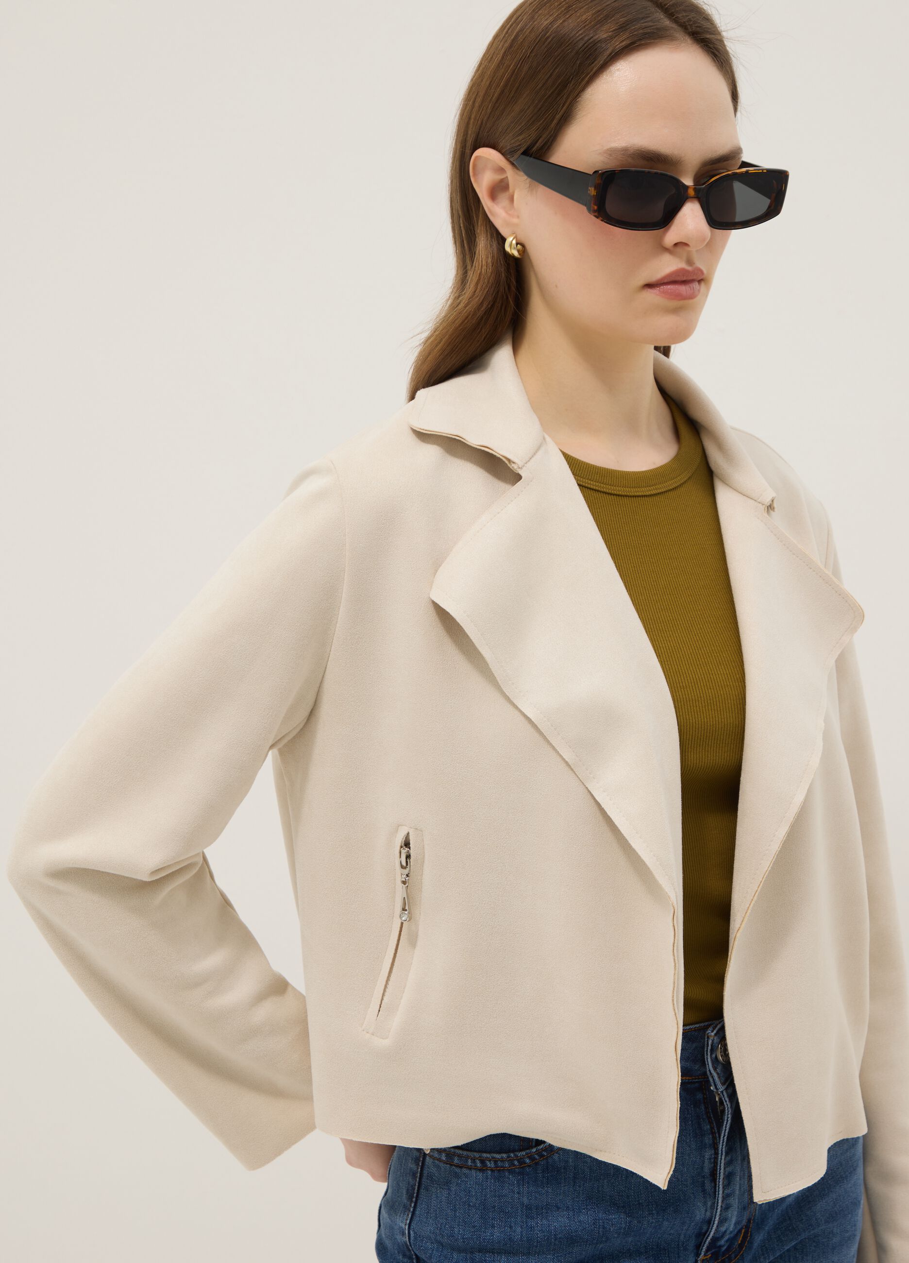 Beige pure cotton regular fit biker-style jacket
