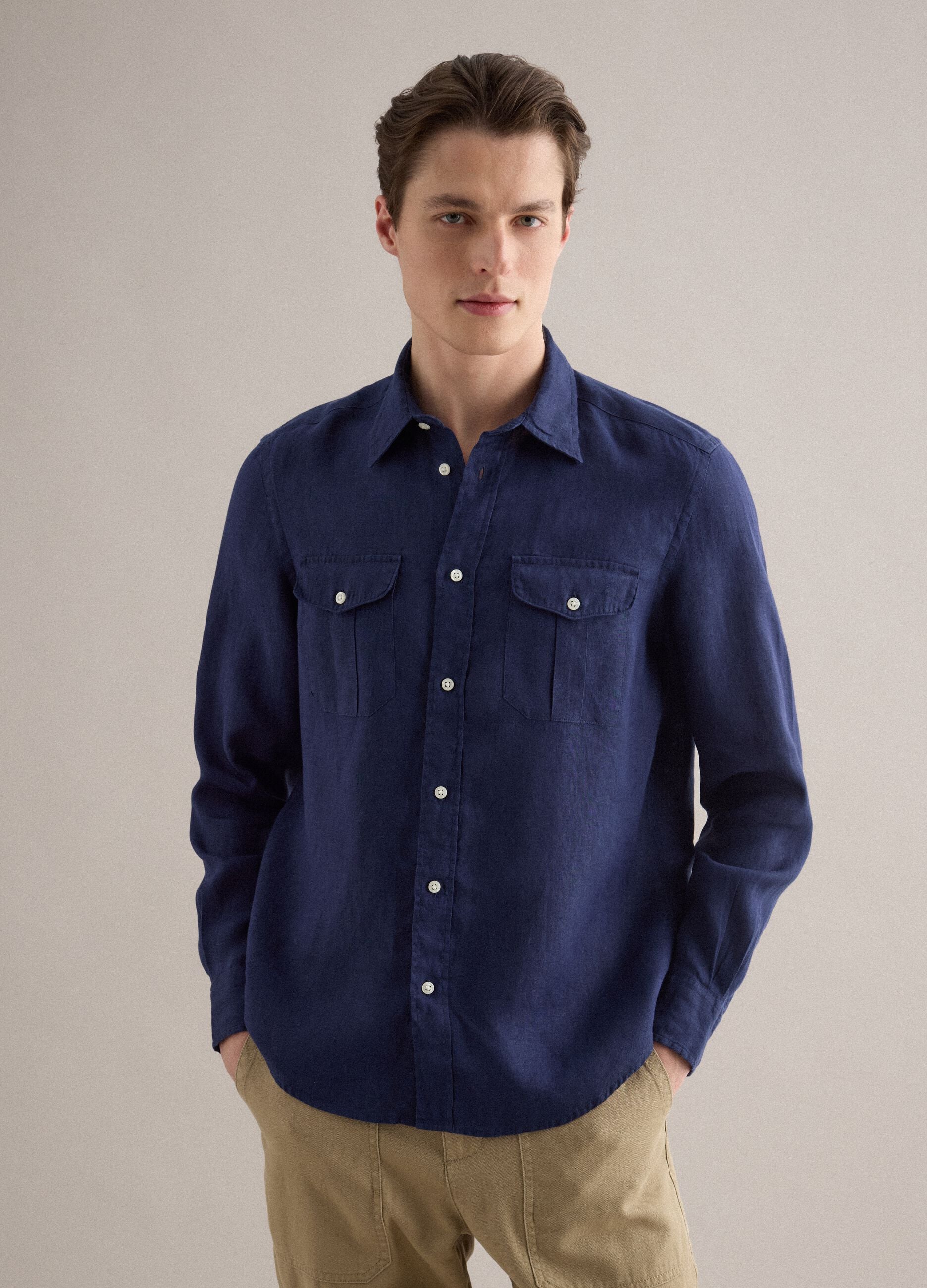 Regular Fit Long-Sleeve Pure Linen Blue Shirt