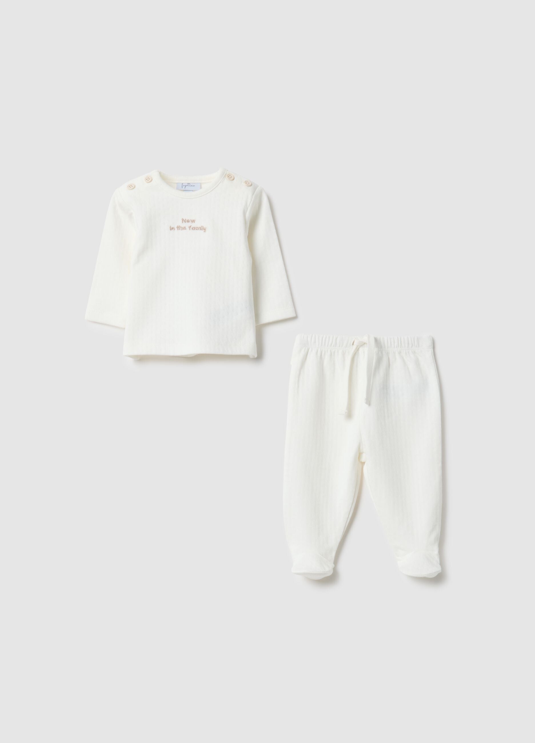 White pure cotton sweatshirt and trouser set for newborns with embroidery