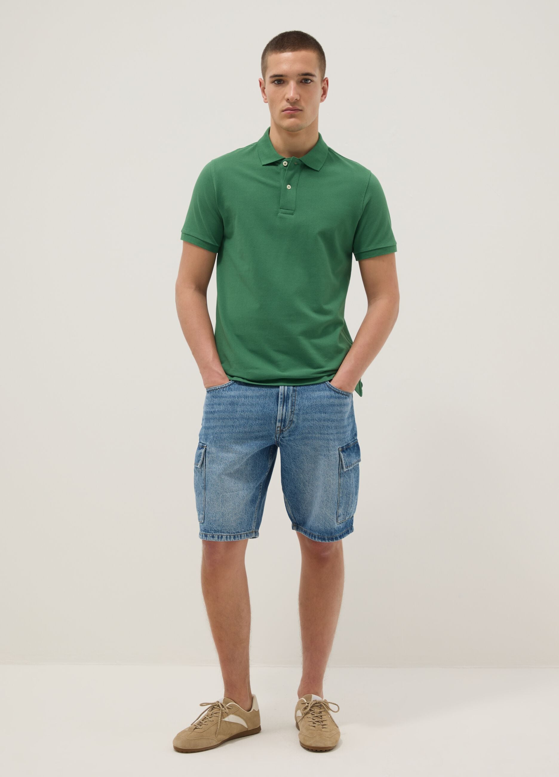 Short sleeve polo in pure green cotton regular fit
