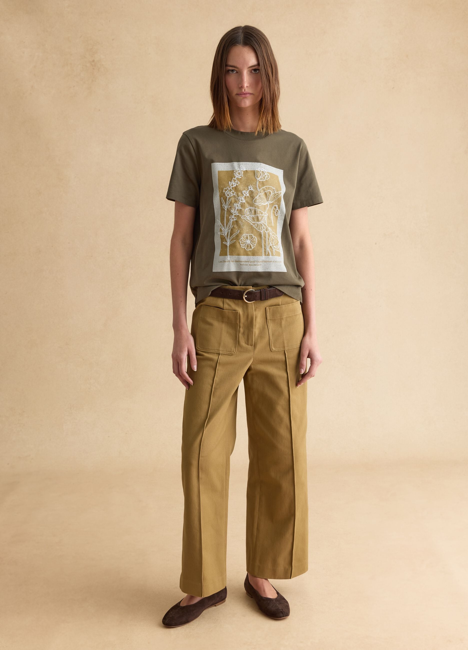 Green pure cotton regular fit T-shirt with floral print