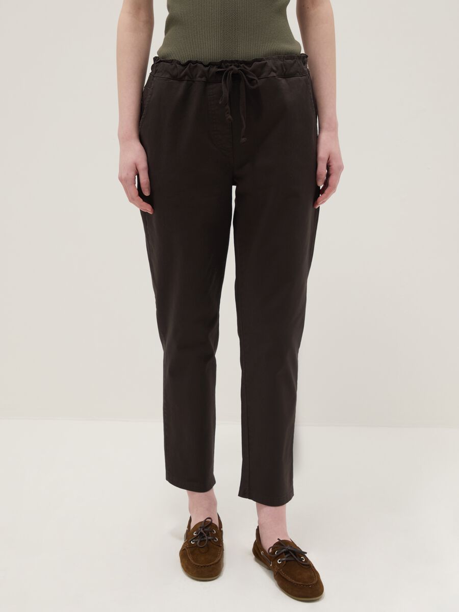 Brown stretch cotton regular fit trousers_1