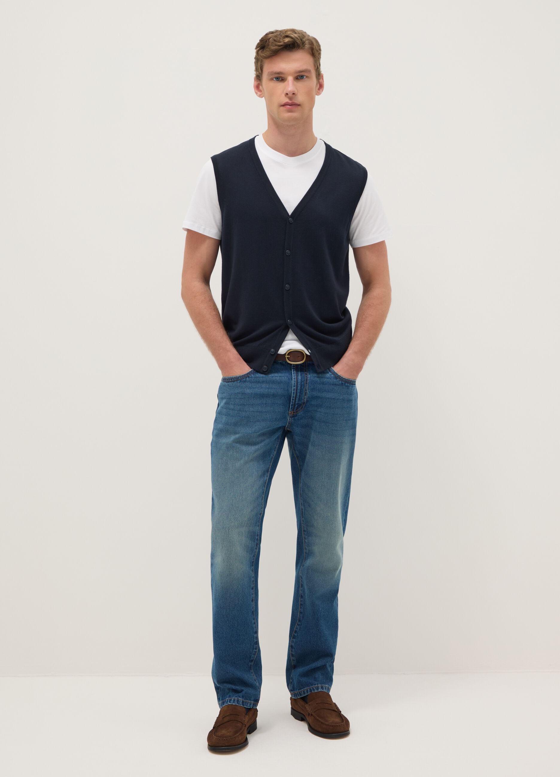 Regular fit deep V blue waistcoat in cotton blend with buttons