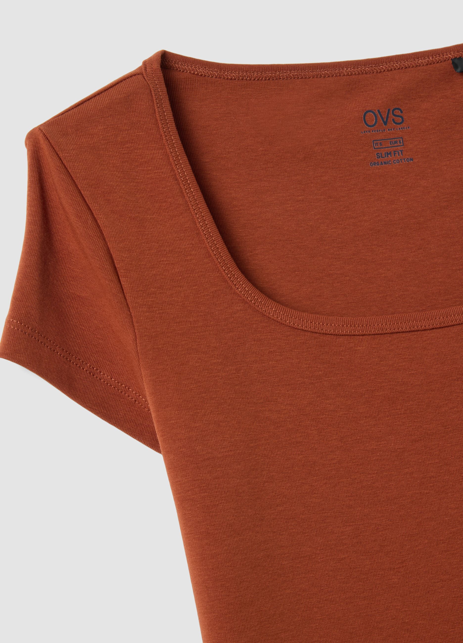 Orange fitted stretch-cotton T-shirt with square neckline