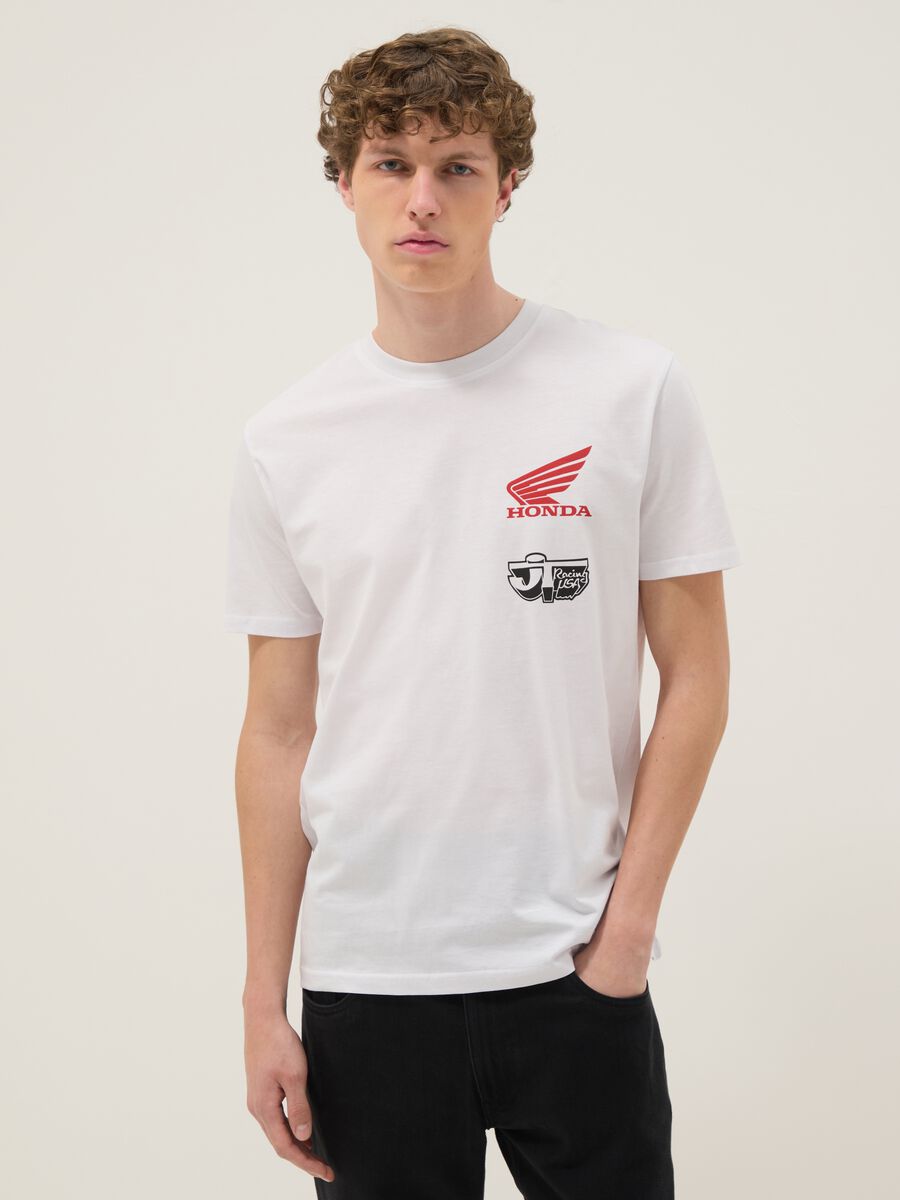 White pure cotton regular fit T-shirt with Honda print_0